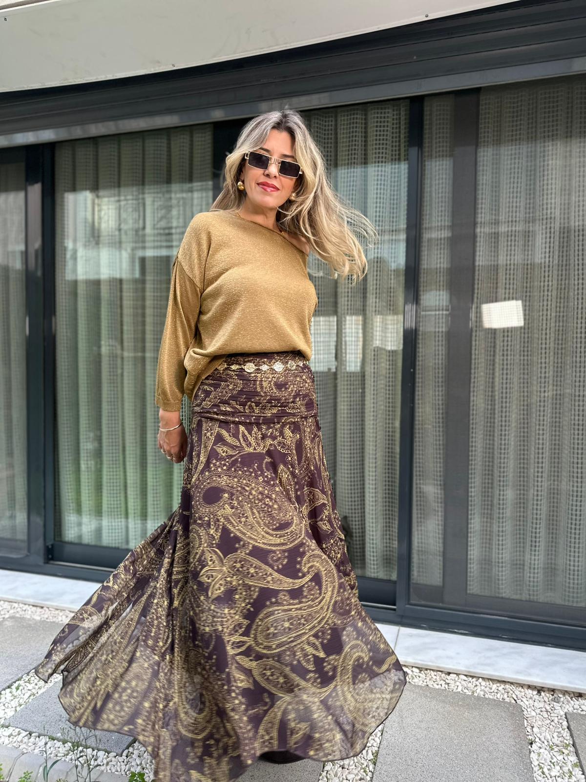 Şal Desen Alt Asimetrik Kesim Etek