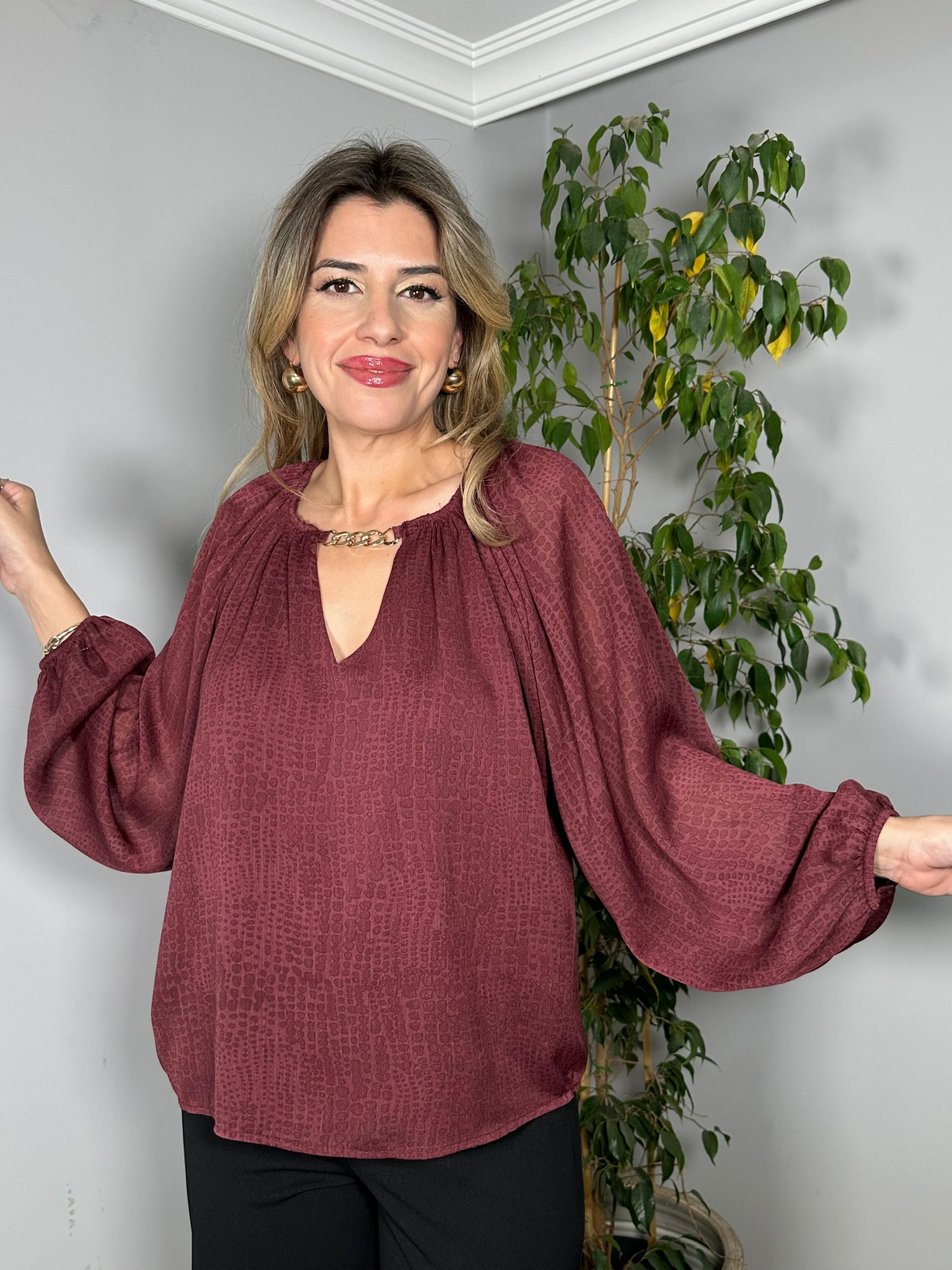 Zincirli Yaka Salaş Bluz - Bordo