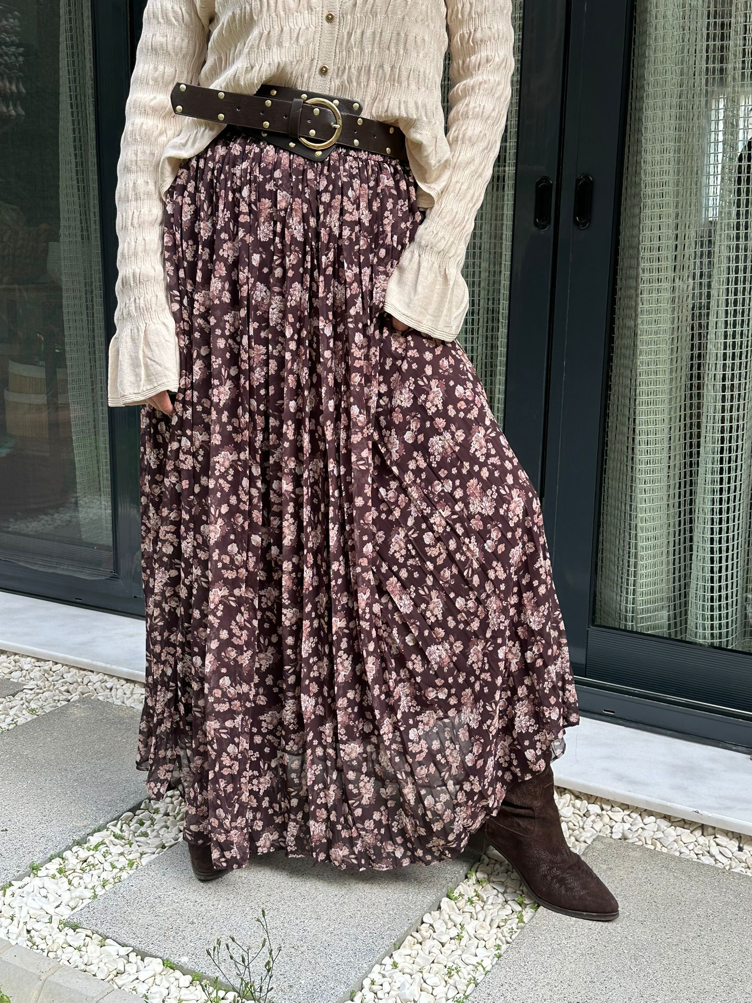 Kemerli Desenli Uzun Etek