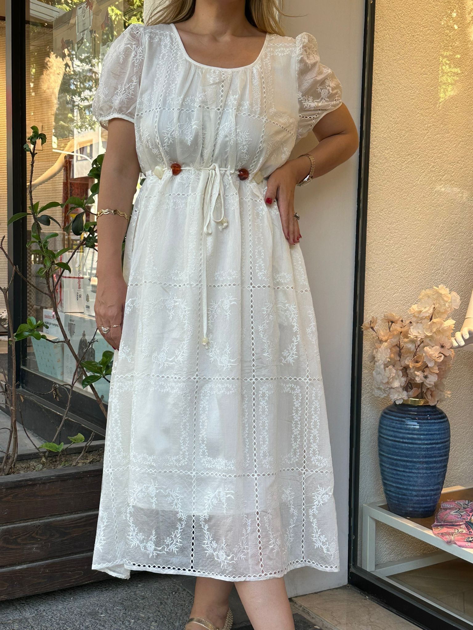 Karpuz Kol Boncuk Kemer Detaylı Elbise