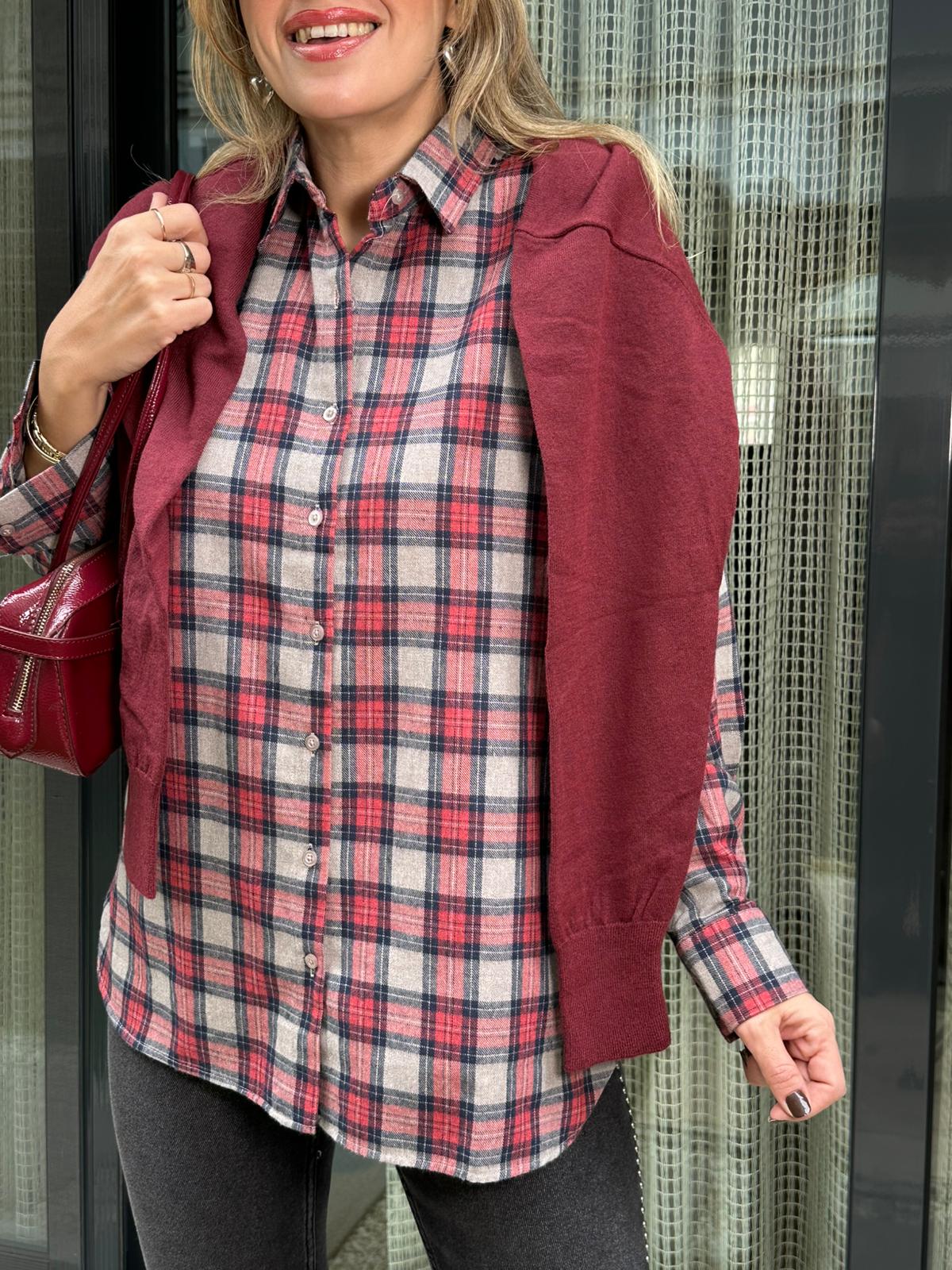 Ekoseli Gömlek Bej-Kırmızı