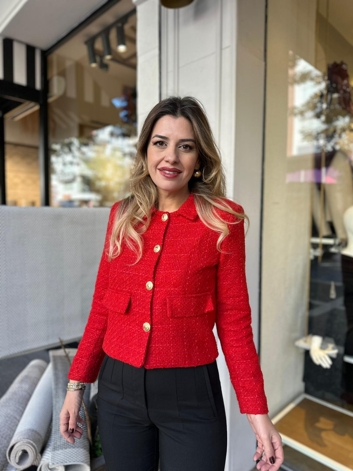 Düğme Gold Detaylı Tüvit Ceket  - Kırmızı