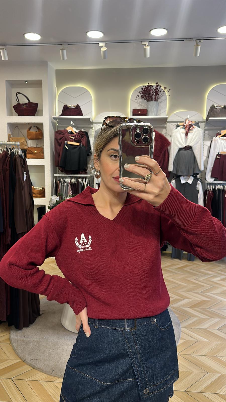 Nakış İşlemeli Polo Yaka Triko Kazak