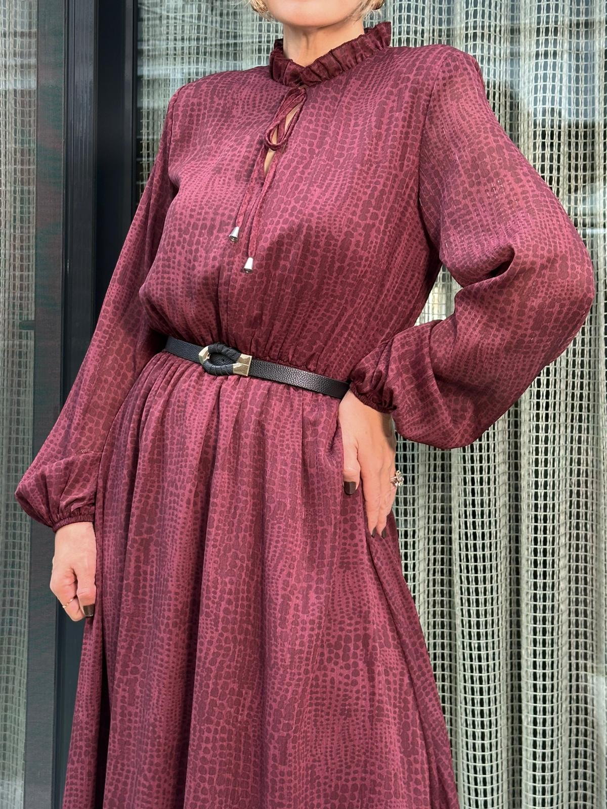 Fırfırlı Bağlamalı Kemerli Maxi Elbise