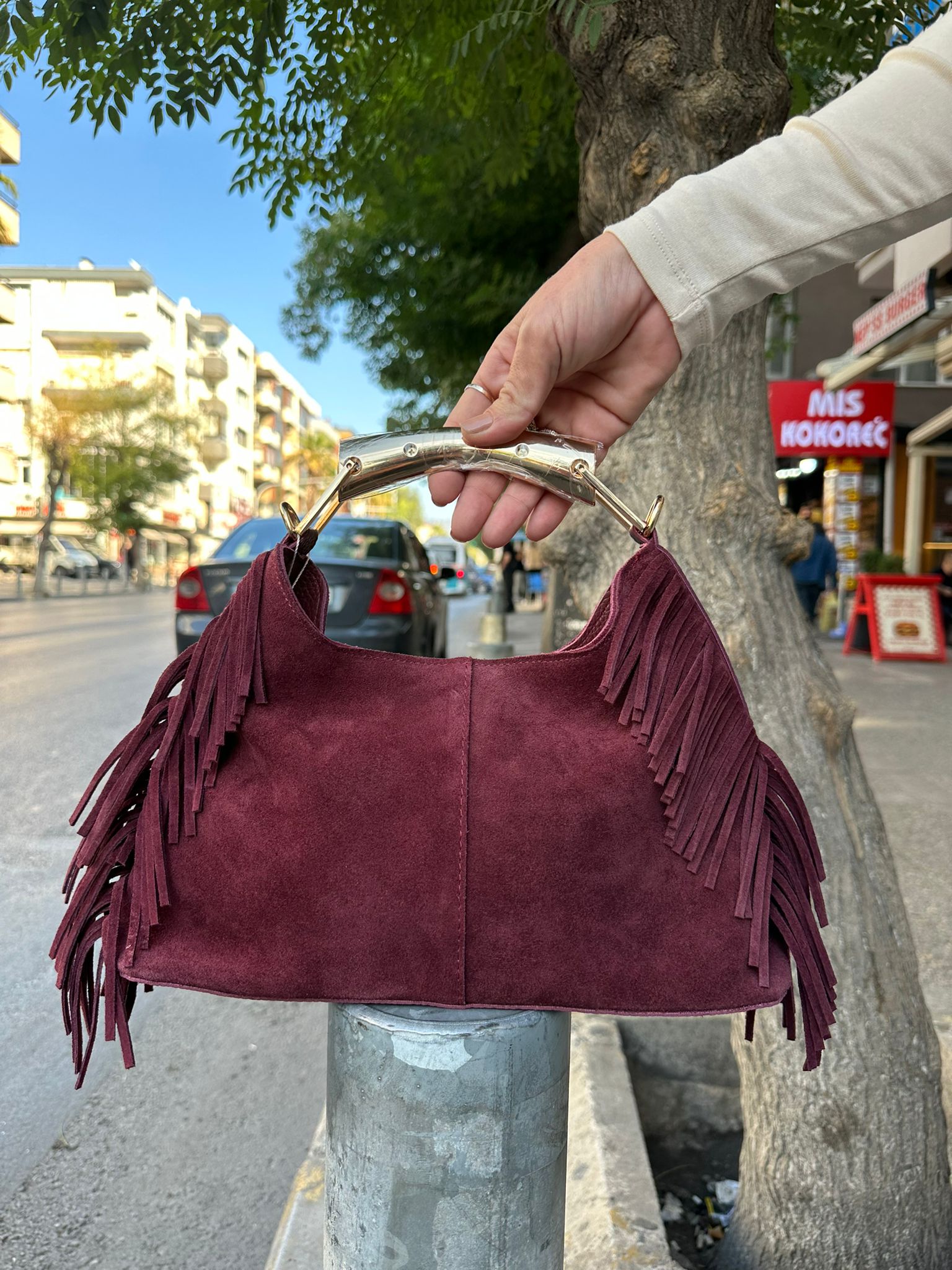Hakiki Deri Püskül Model El ve Omuz Çantası - Bordo