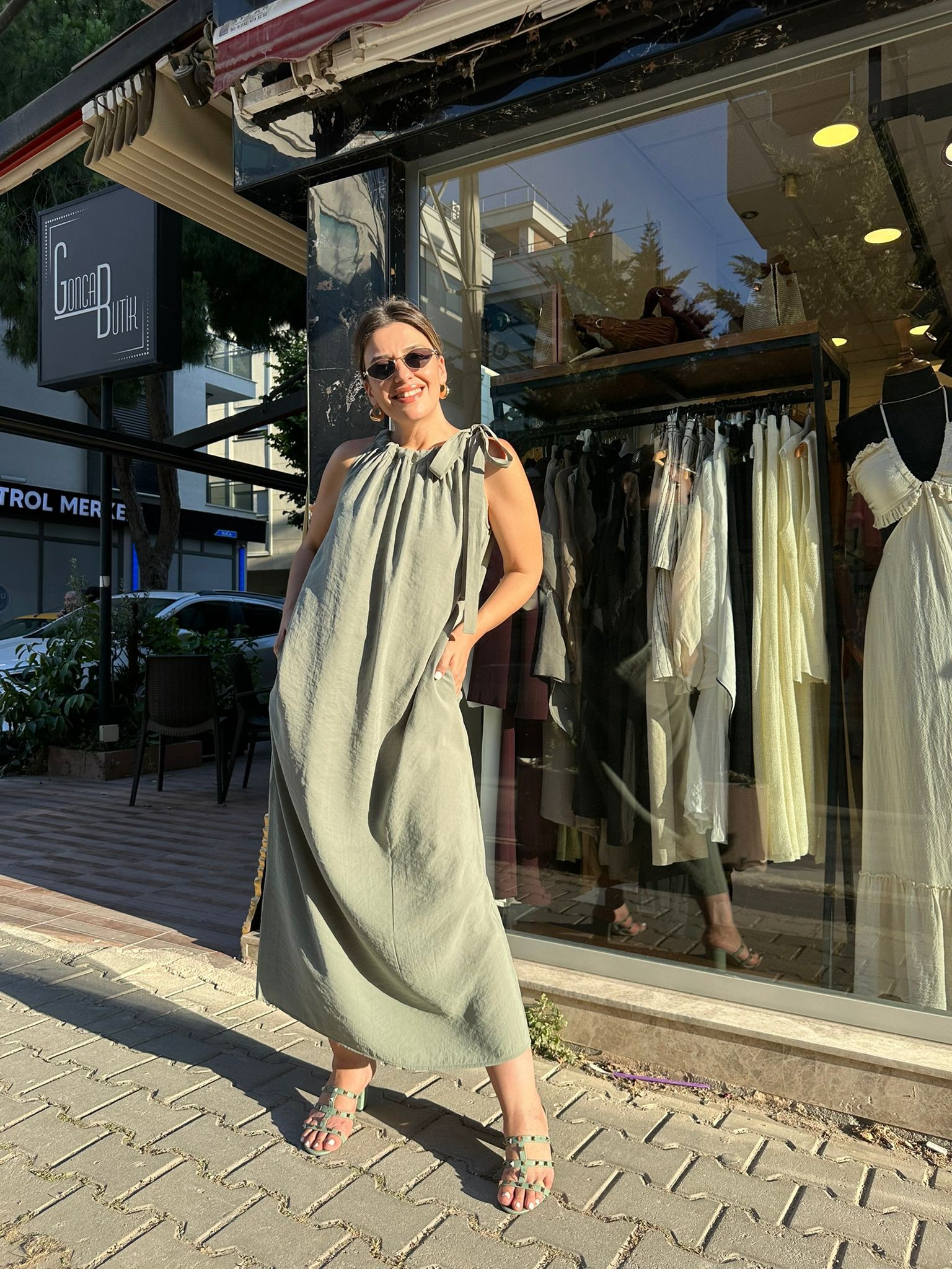 Omuzdan Bağlamalı Modal Elbise - Çağla Yeşili