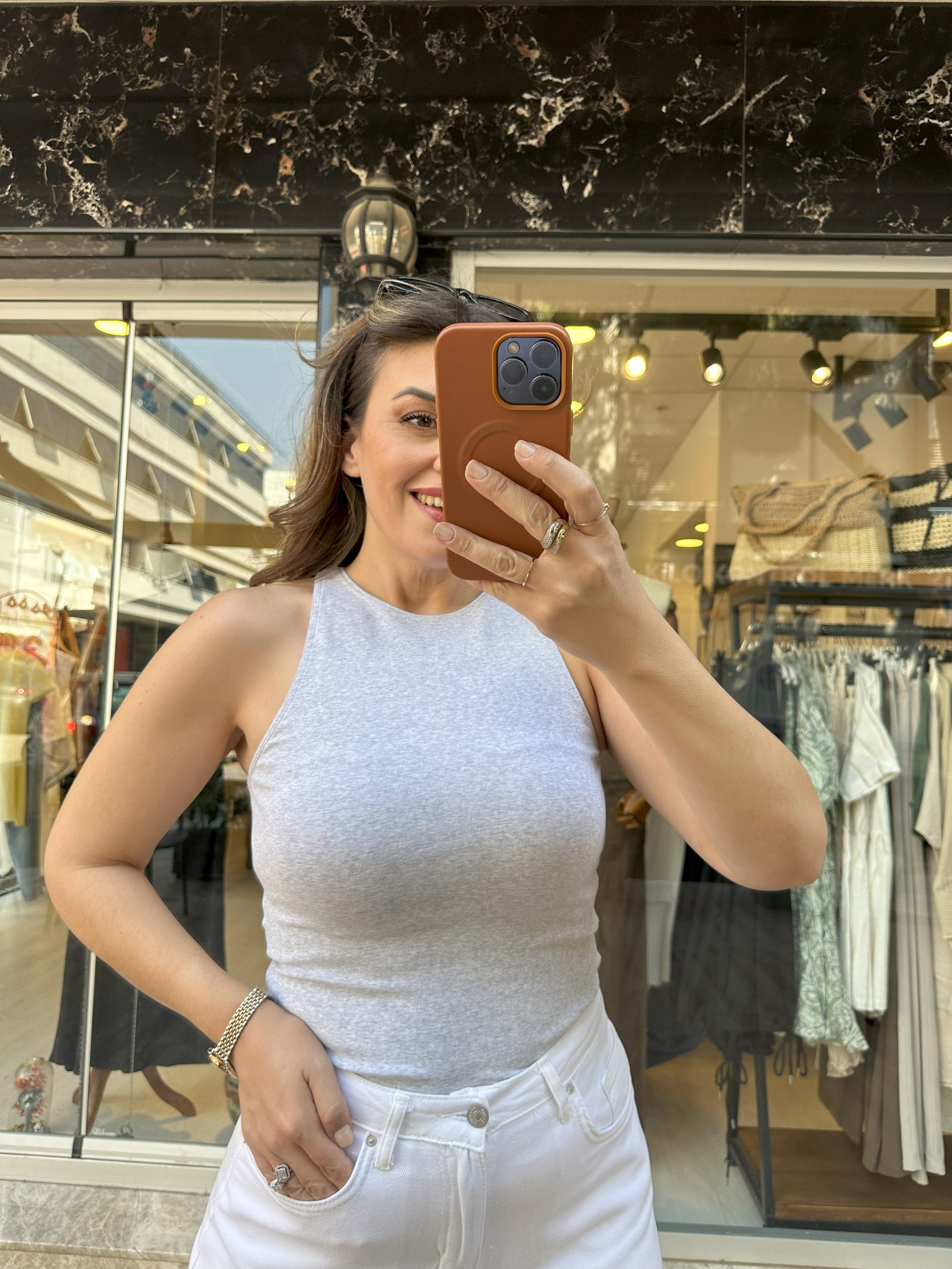 Halter Yaka Pamuklu Body - Gri Melanj