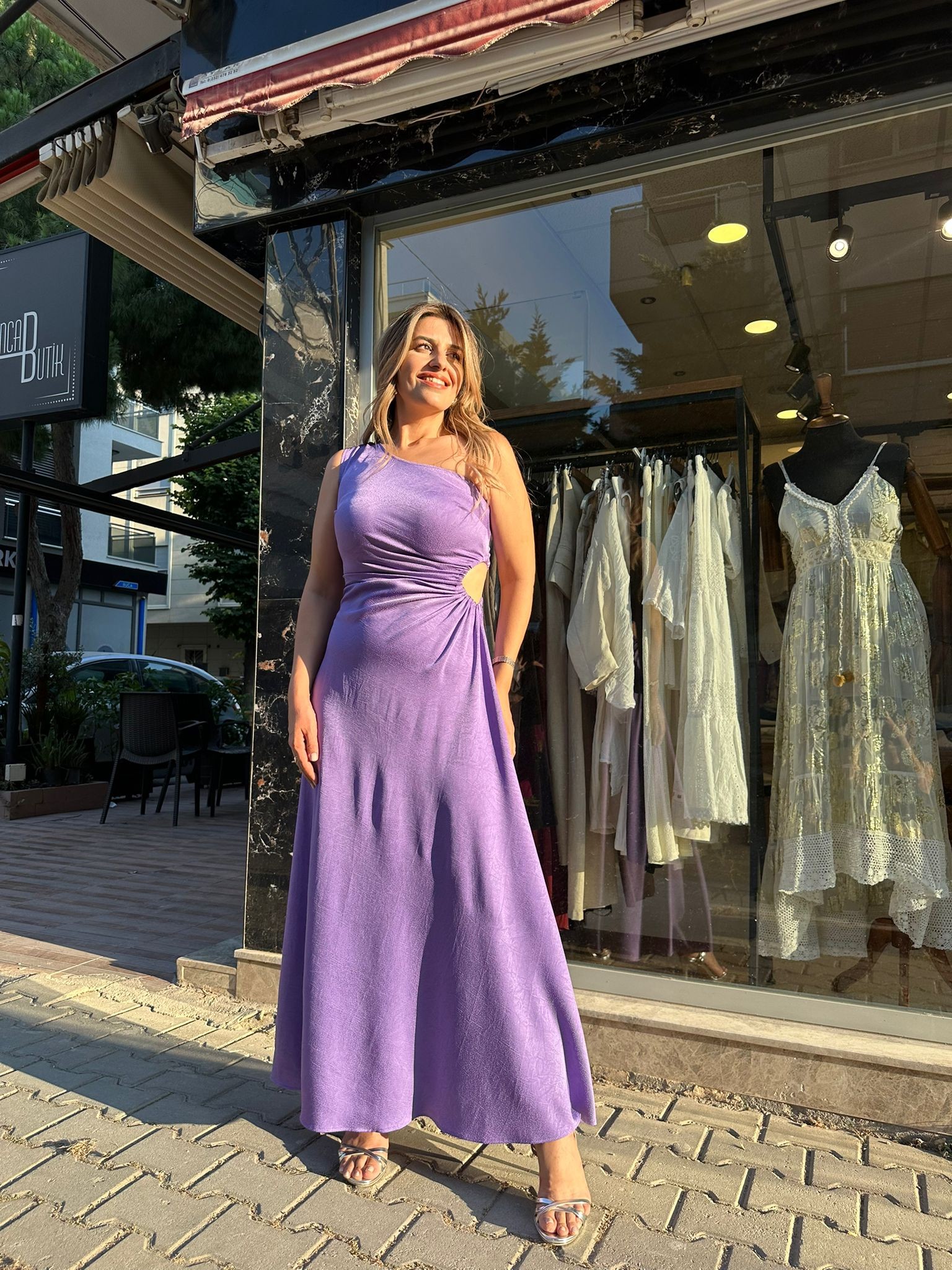 Tek Omuz Beli Dekolteli Saten Elbise - Lila