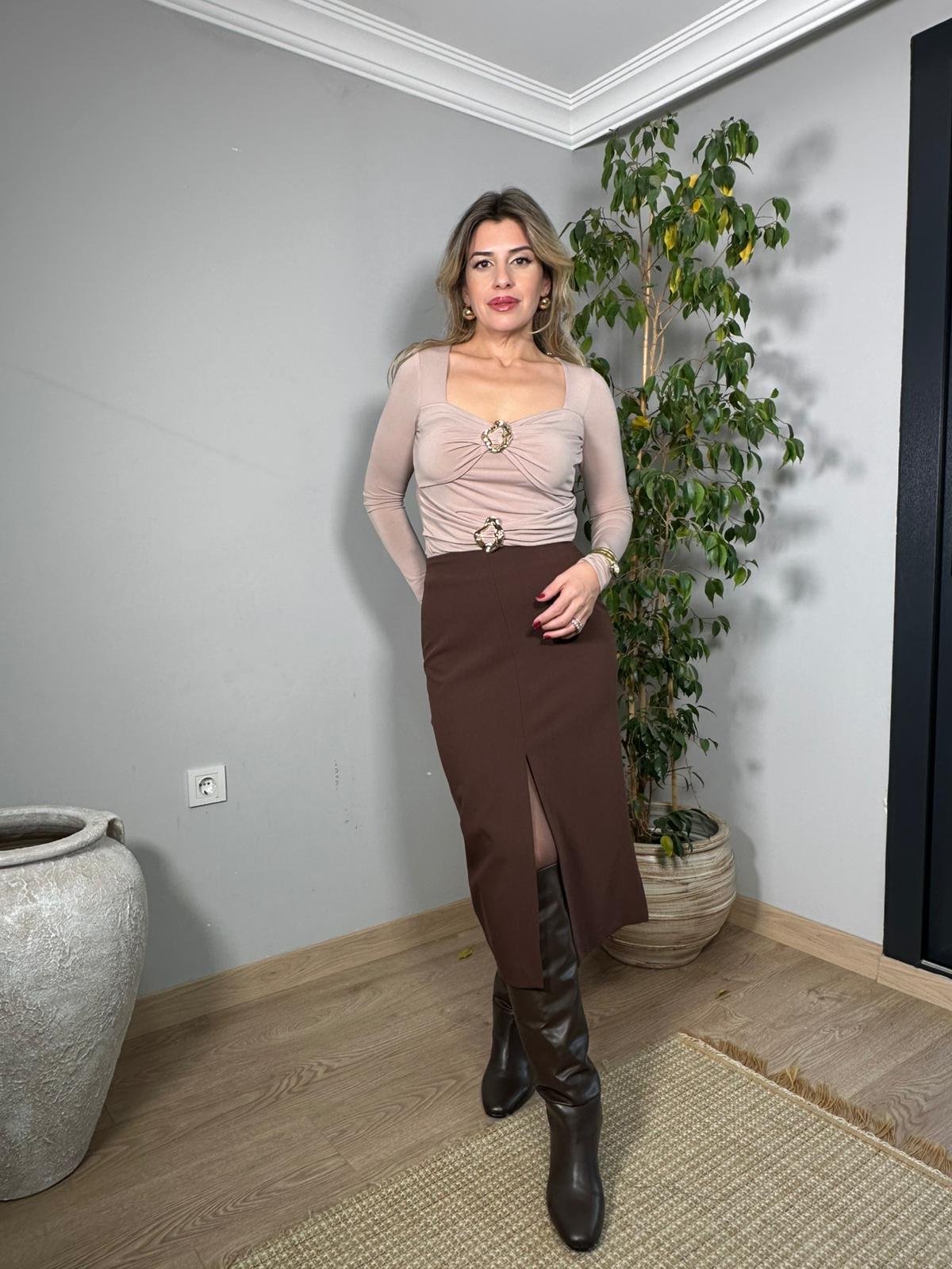 Önden Yırtmaçlı Kalem Etek - Kahve