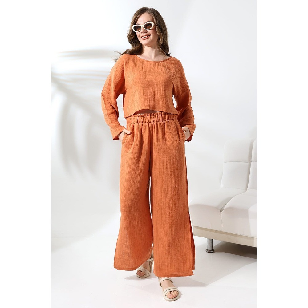 kiremit renk crop ve pantolon