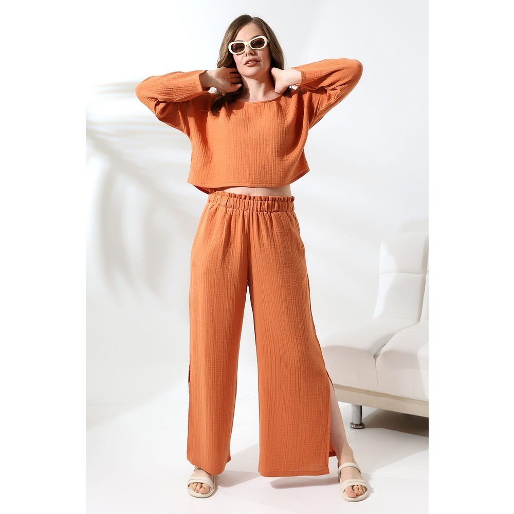kiremit renk crop ve pantolon