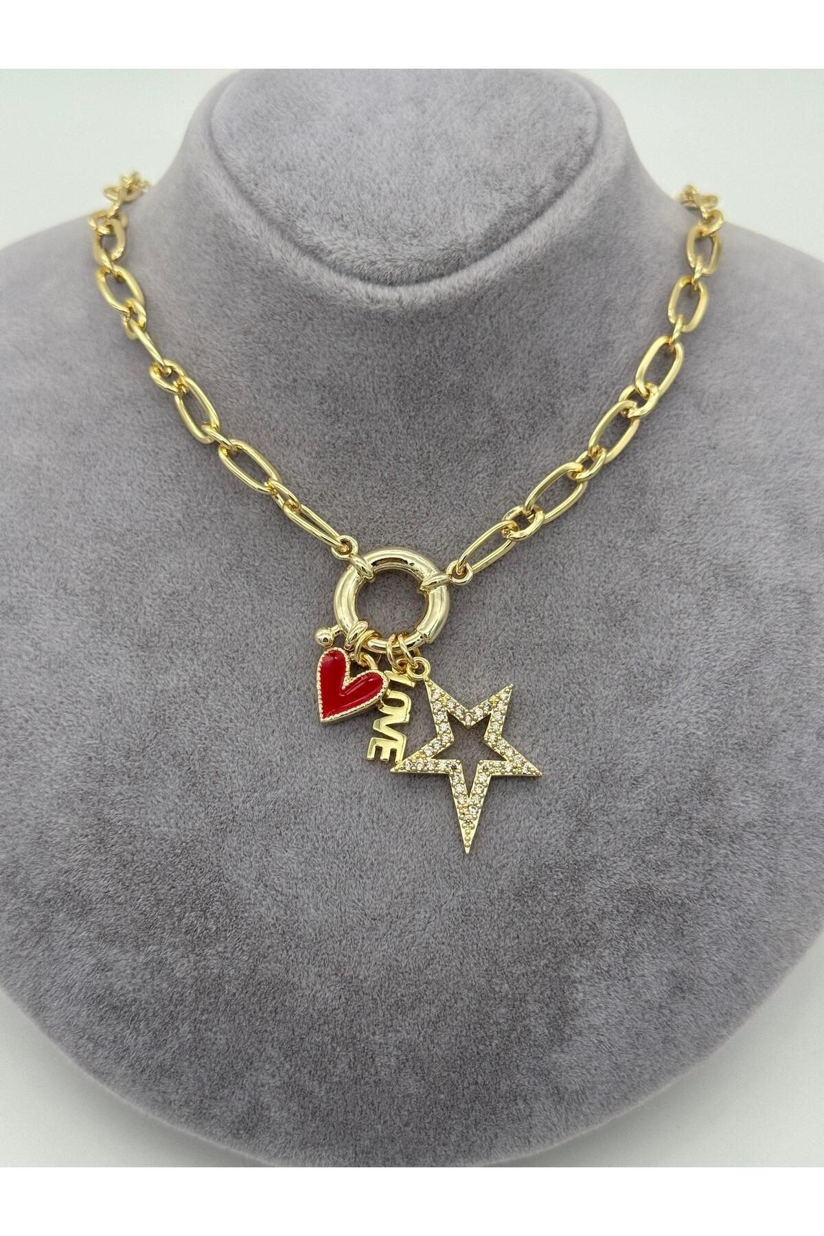 yıldız love ve kırmızı kalp figürlü charm kolye