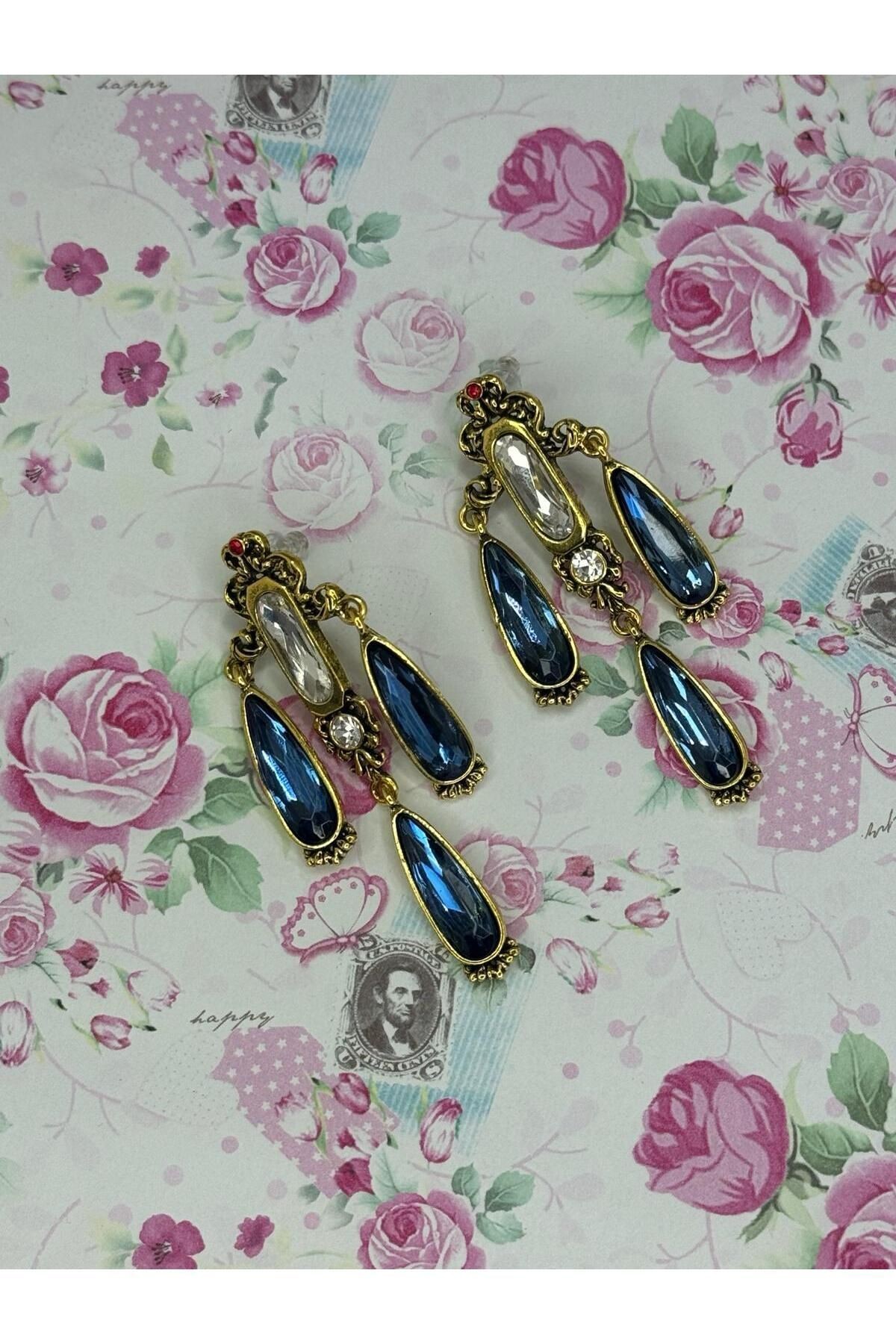 Mavi kristal taşlı vintage küpe