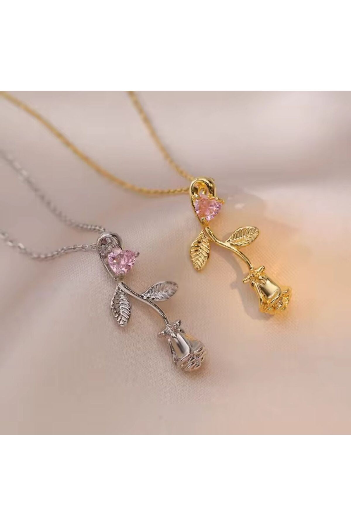Pembe Zirkon Taşlı Gül Figürlü Çelik Kolye