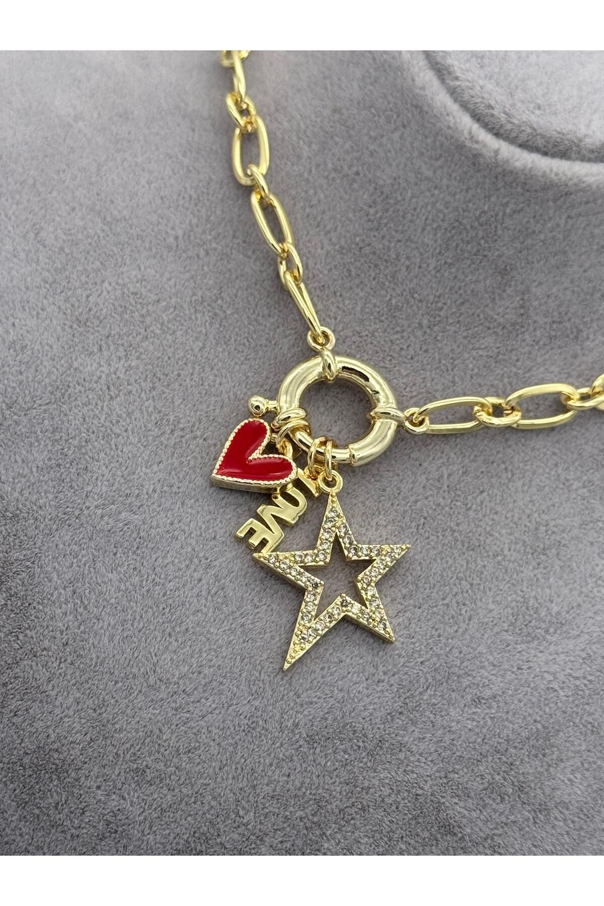 yıldız love ve kırmızı kalp figürlü charm kolye