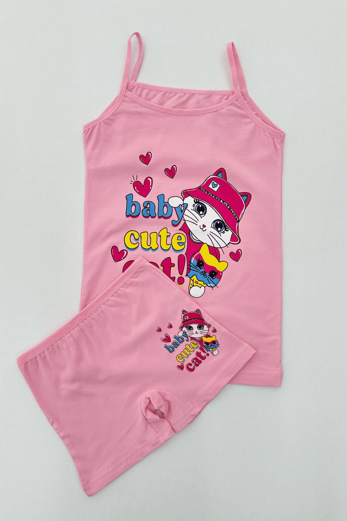 PEMBE RENK KEDİ BASKILI KIZ ÇOCUK ATLET BOXER TAKIM