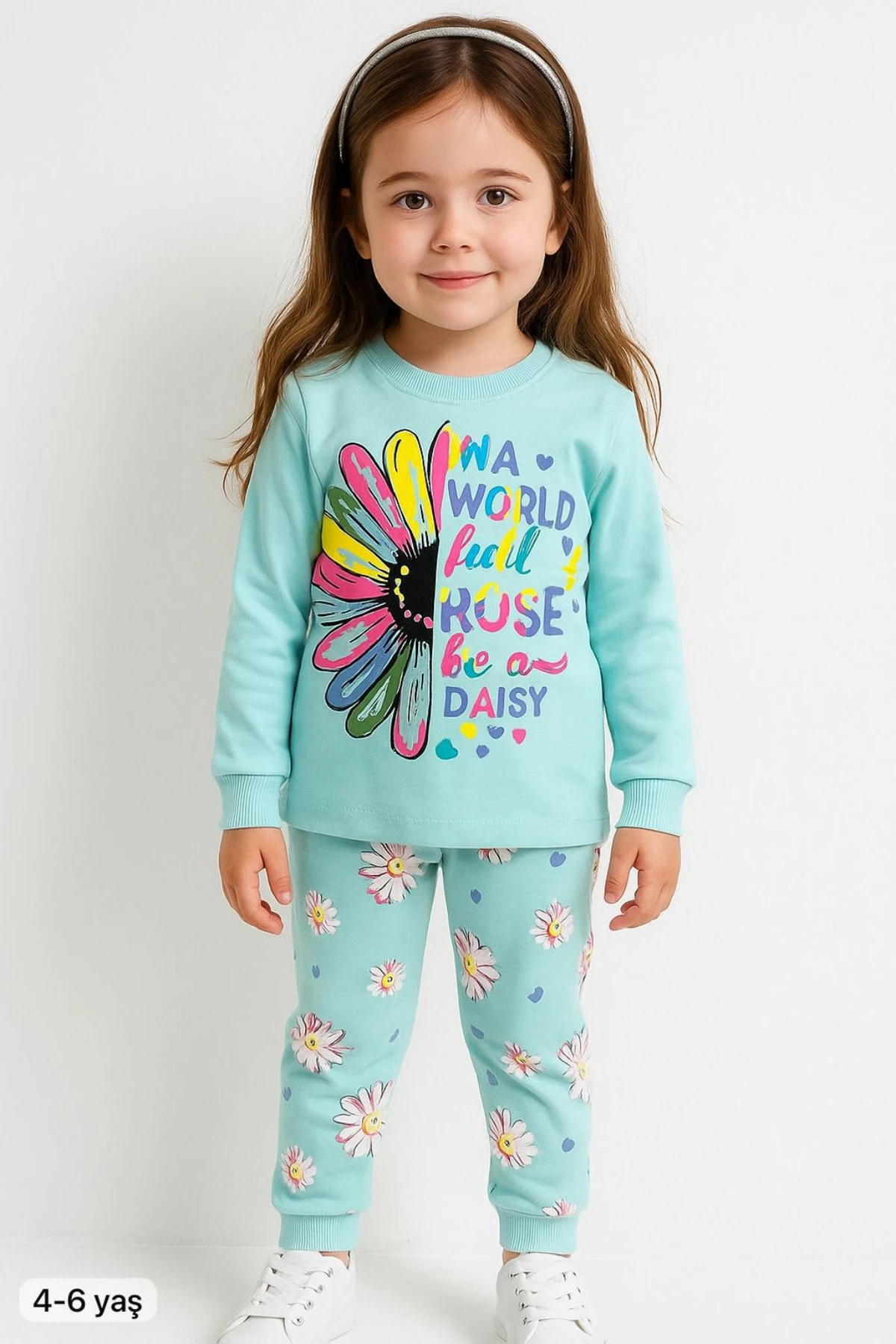 SU YEŞİLİ ÇİÇEK BASKILI KIZ ÇOCUK PİJAMA TAKIMI