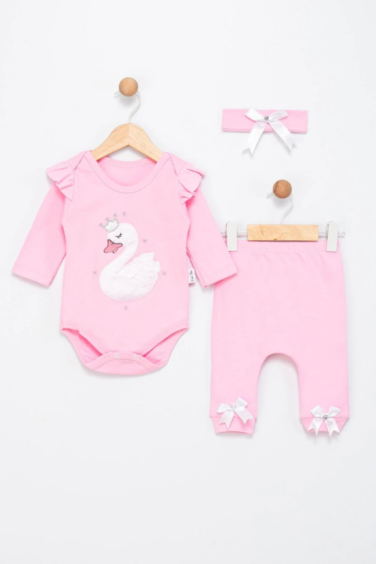 PEMBE RENK KUĞU NAKIŞLI KIZ BEBEK BANDANALI ZIBIN SET