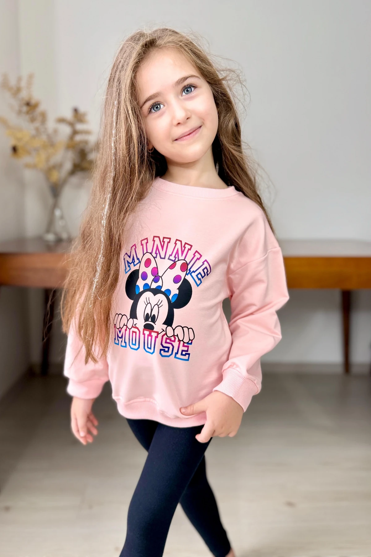 PUDRA RENK MİNNİE MOUSE BASKILI KIZ ÇOCUK TAYTLI TAKIM