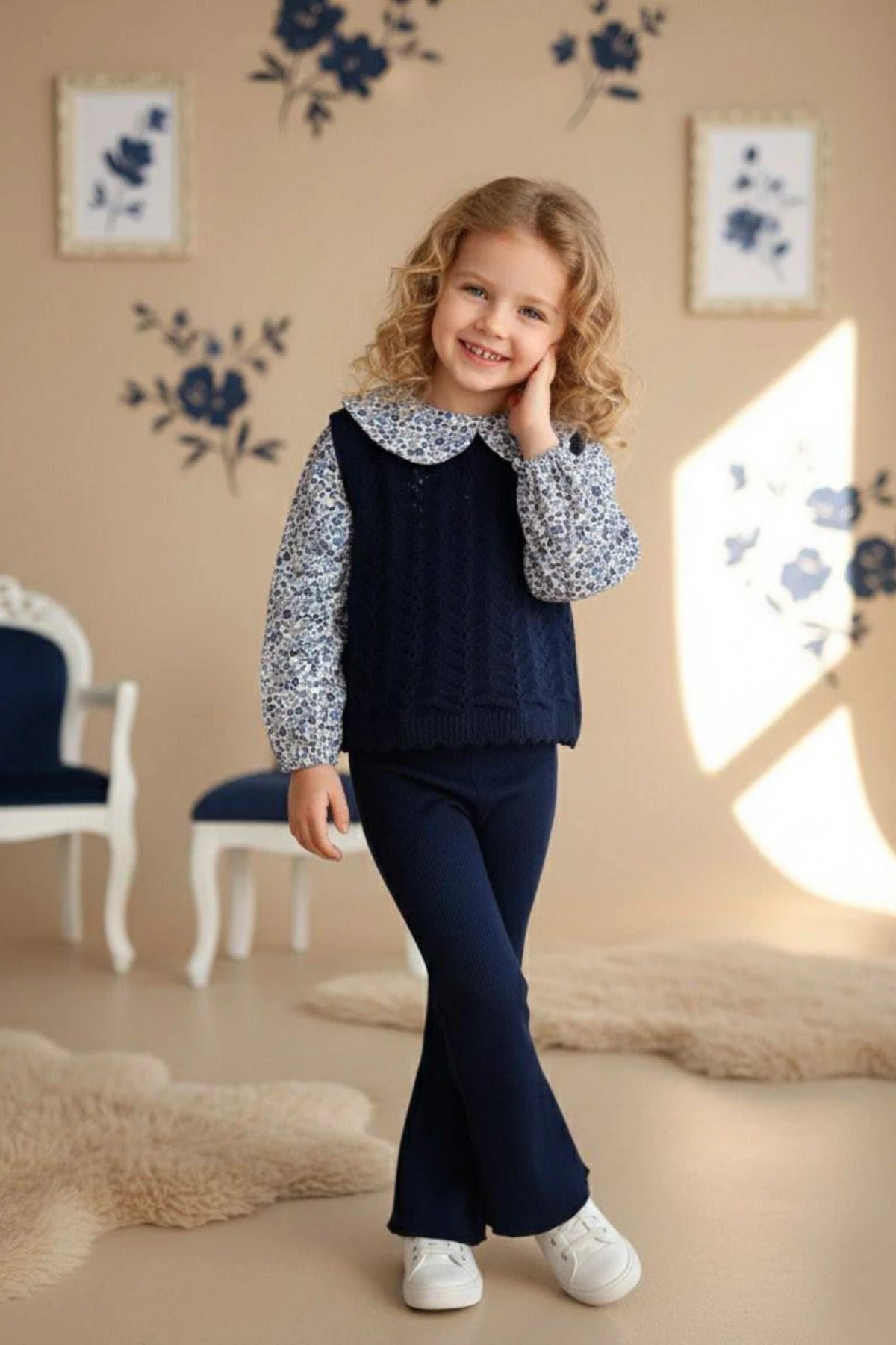 LACİVERT RENK TRİKO KUMAŞ BEBE YAKA KIZ ÇOCUK ALT ÜST TAKIM