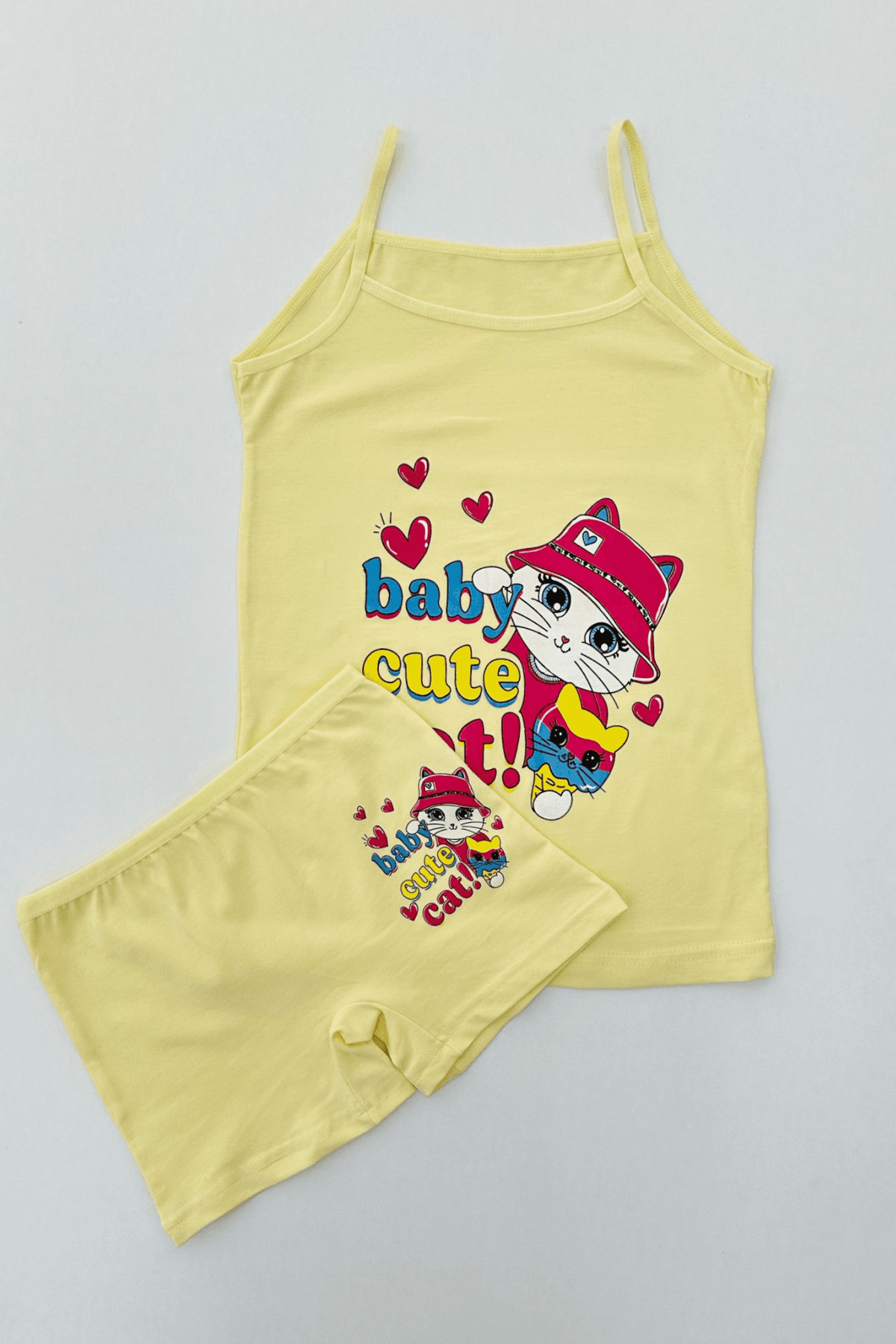 SARI RENK KEDİ BASKILI KIZ ÇOCUK ATLET BOXER TAKIM 