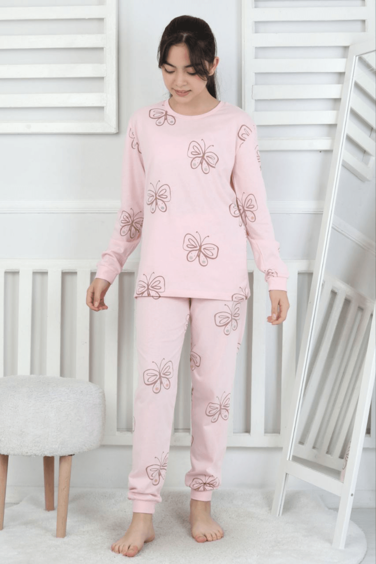 PEMBE RENK KELEBEK DESEN KIZ ÇOCUK PİJAMA TAKIMI