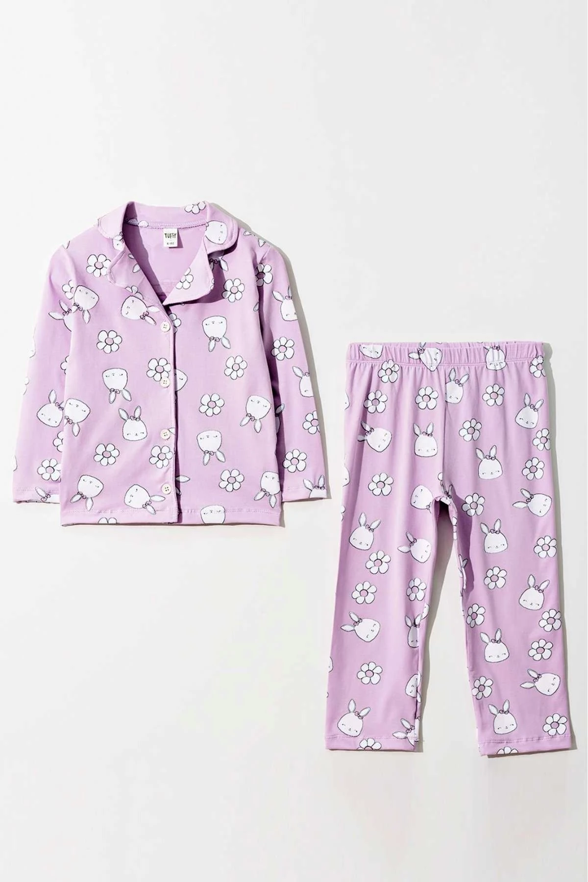 ÖNDEN DÜĞMELİ MOR TAVŞAN DESEN KIZ PİJAMA TAKIMI