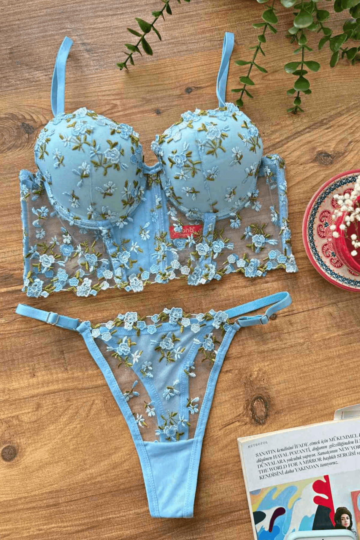 BEBE MAVİSİ ÇİÇEK DESEN BÜSTİYER TAKIM