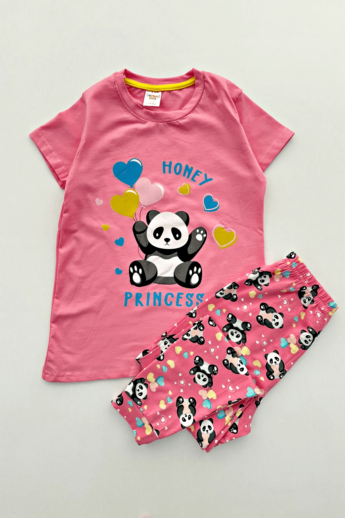 PEMBE RENK PANDA BASKILI KIZ ÇOCUK KISA KOL PİJAMA TAKIMI