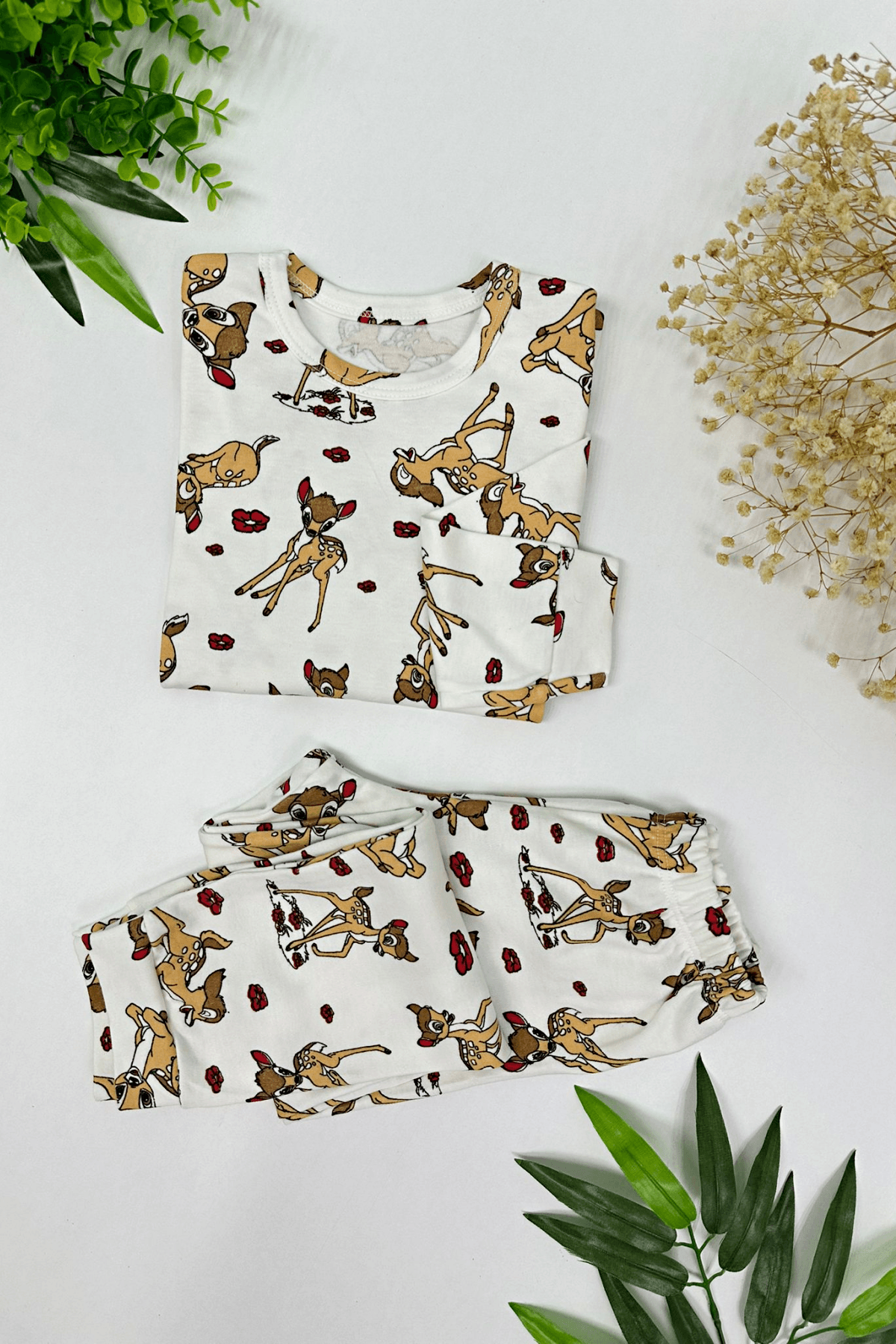 EKRU RENK CEYLAN DESEN KIZ ÇOCUK PİJAMA TAKIMI 