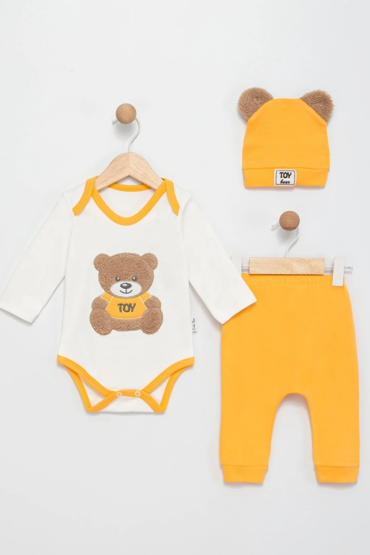 EKRU SARI AYICIK NAKIŞLI ERKEK BEBEK ŞAPKALI ZIBIN SET