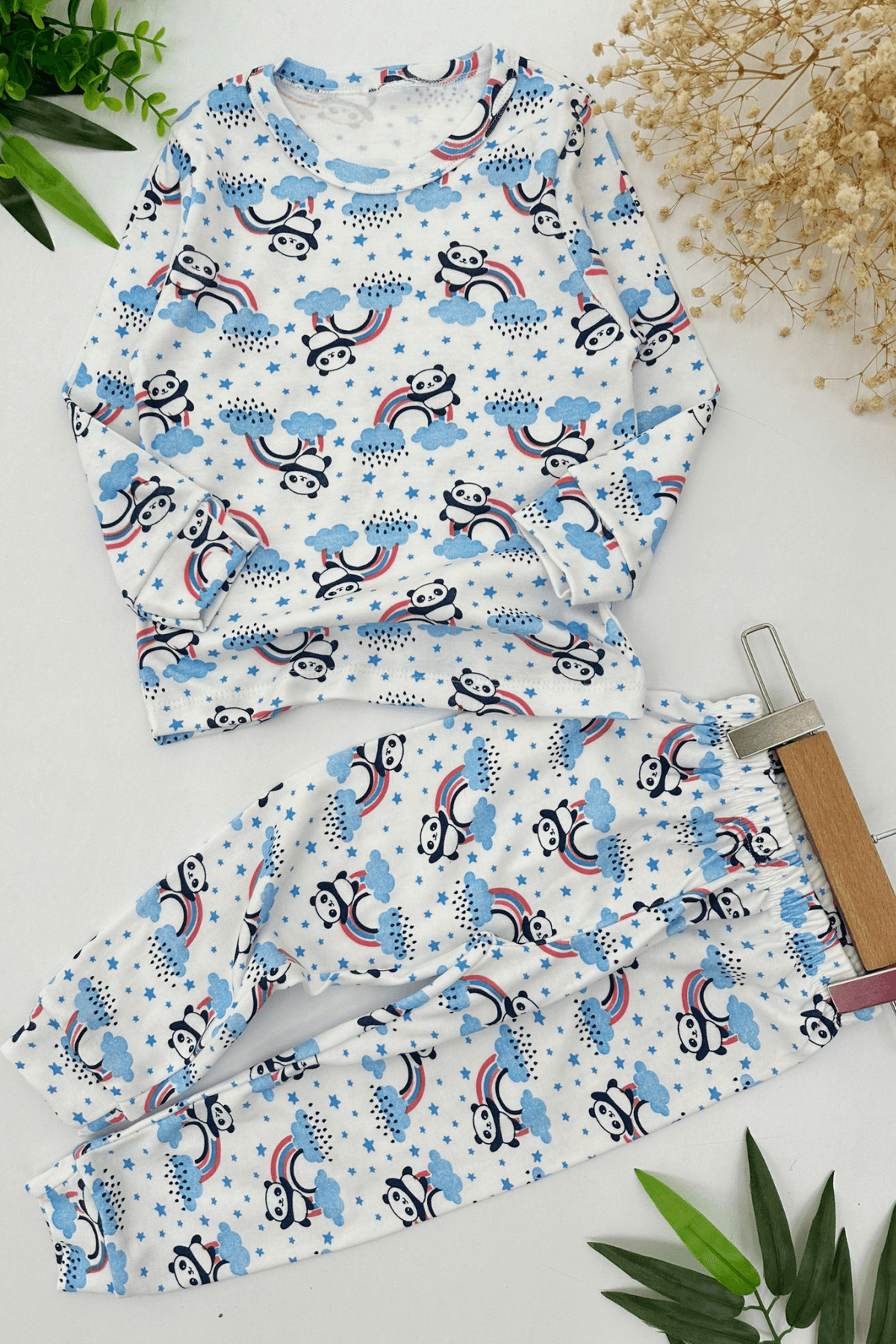 EKRU RENK PANDA DESEN KIZ ÇOCUK PİJAMA TAKIMI