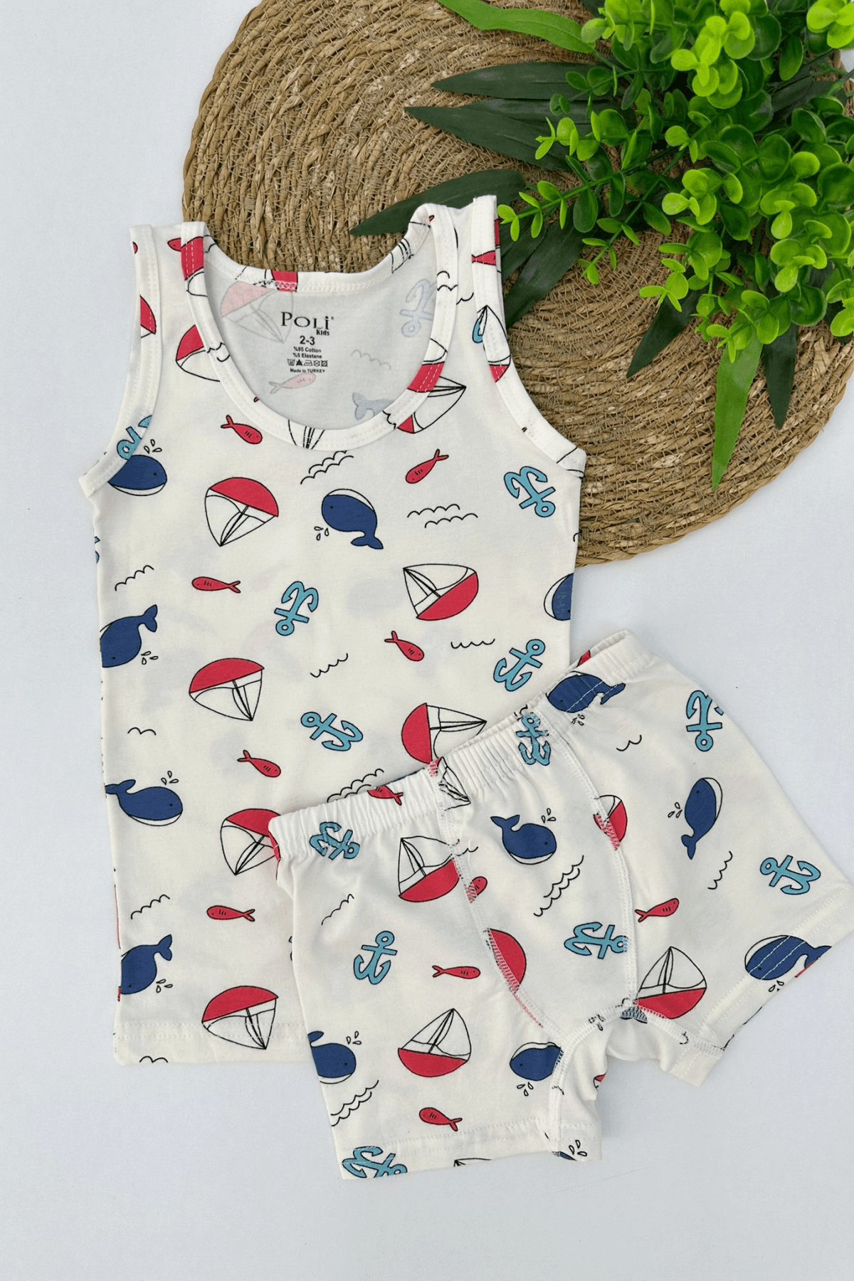 EKRU RENK BALİNA DESEN ERKEK ÇOCUK ATLET BOXER TAKIM
