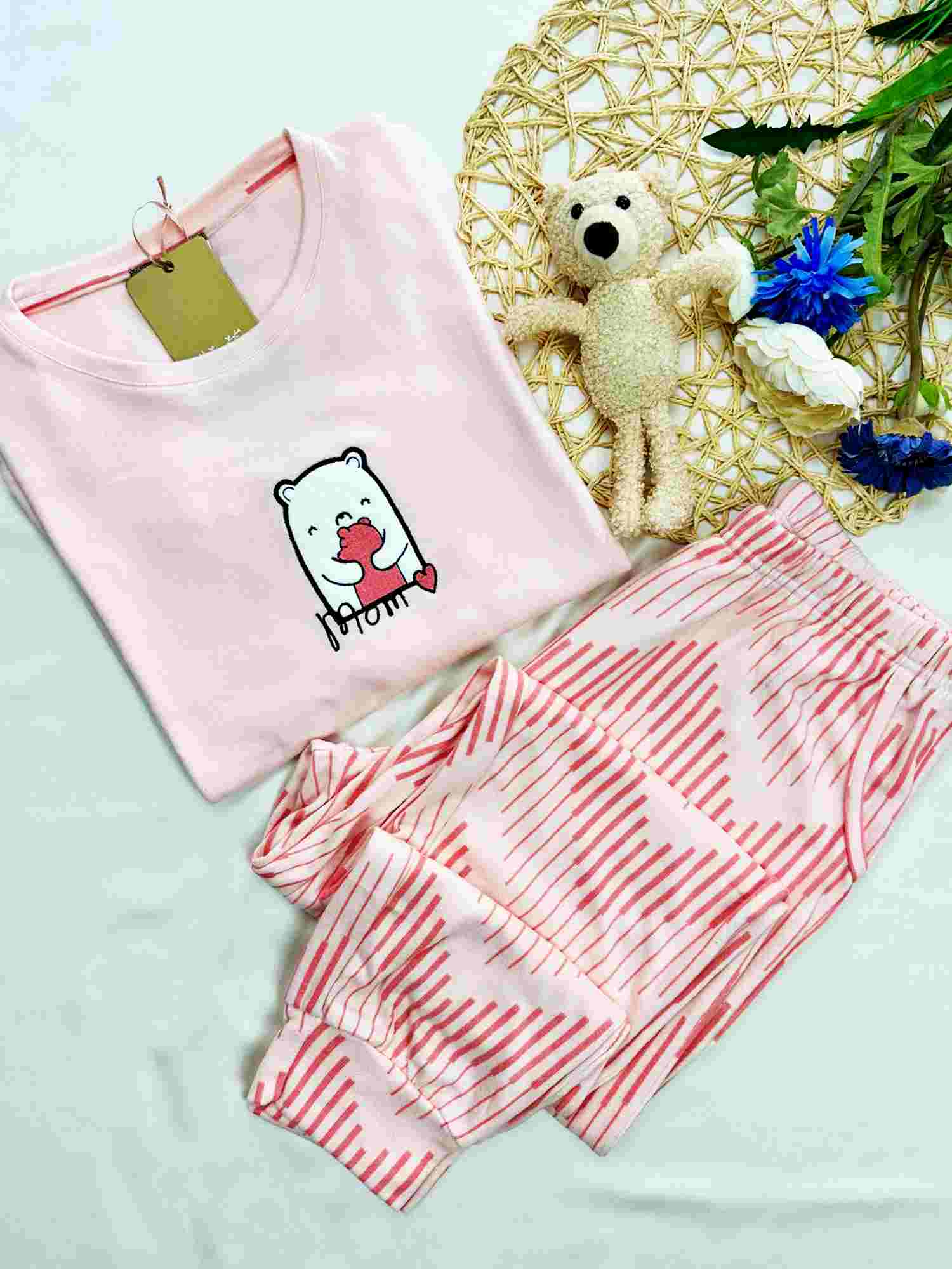 AYI NAKIŞ PEMBE THERMAL YUMUŞAK KUMAŞ PİJAMA TAKIMI