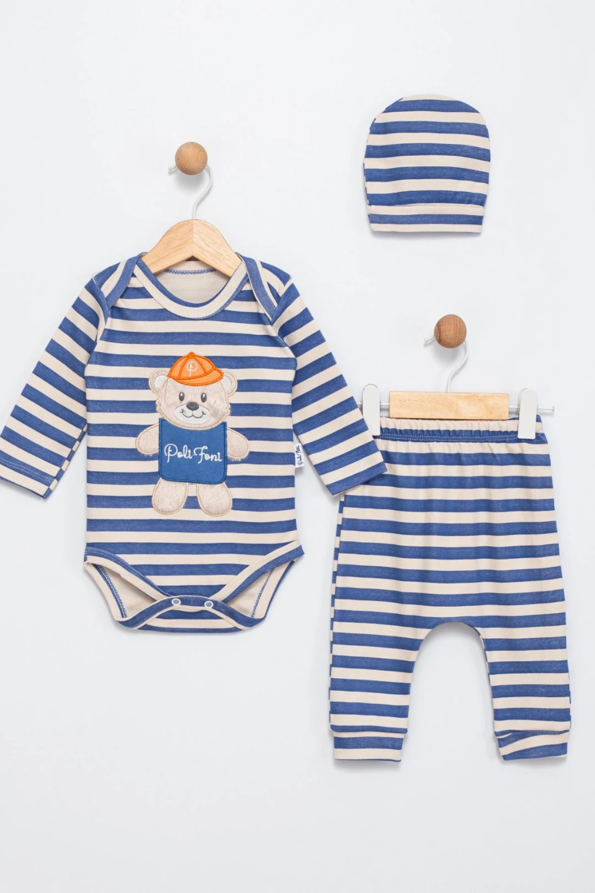MAVİ RENK ÇİZGİLİ AYICIK NAKIŞLI ERKEK BEBEK ŞAPKALI ZIBIN SET