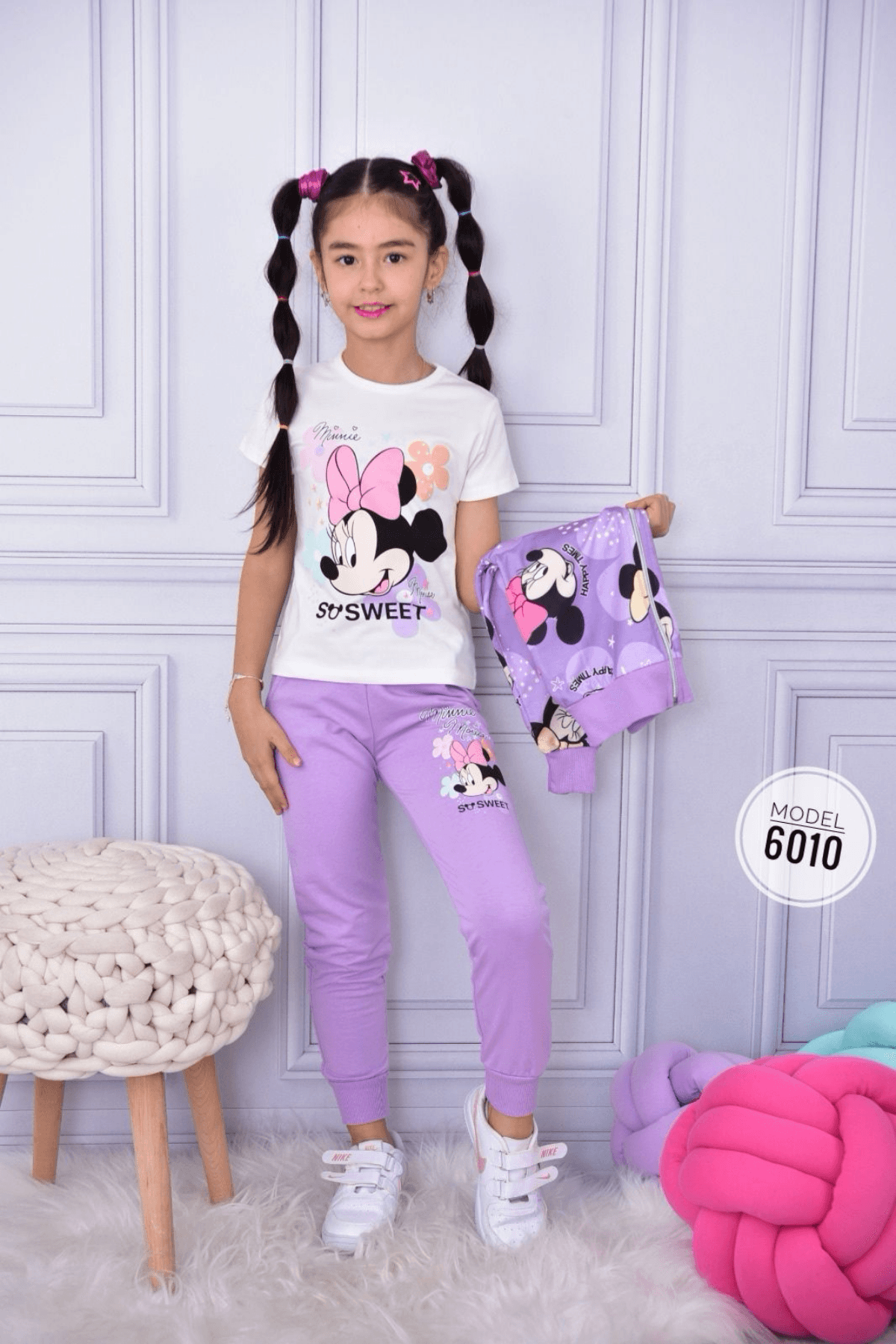 3'LÜ MİNNİE MOUSE BASKILI KIZ ÇOCUK EŞOFMAN TAKIMI (LİLA)