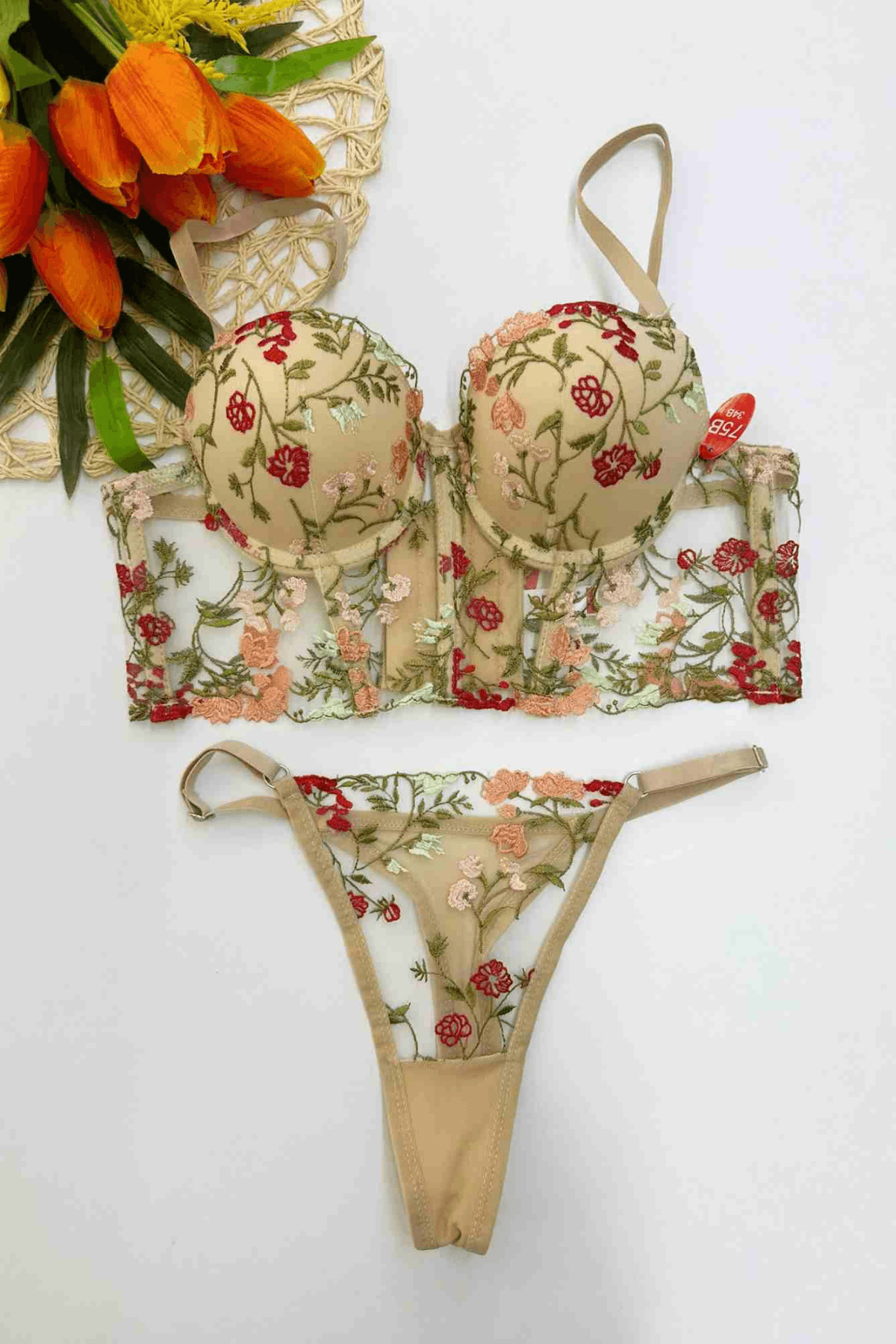 BEJ ÇİÇEKLİ BÜSTİYER TAKIM