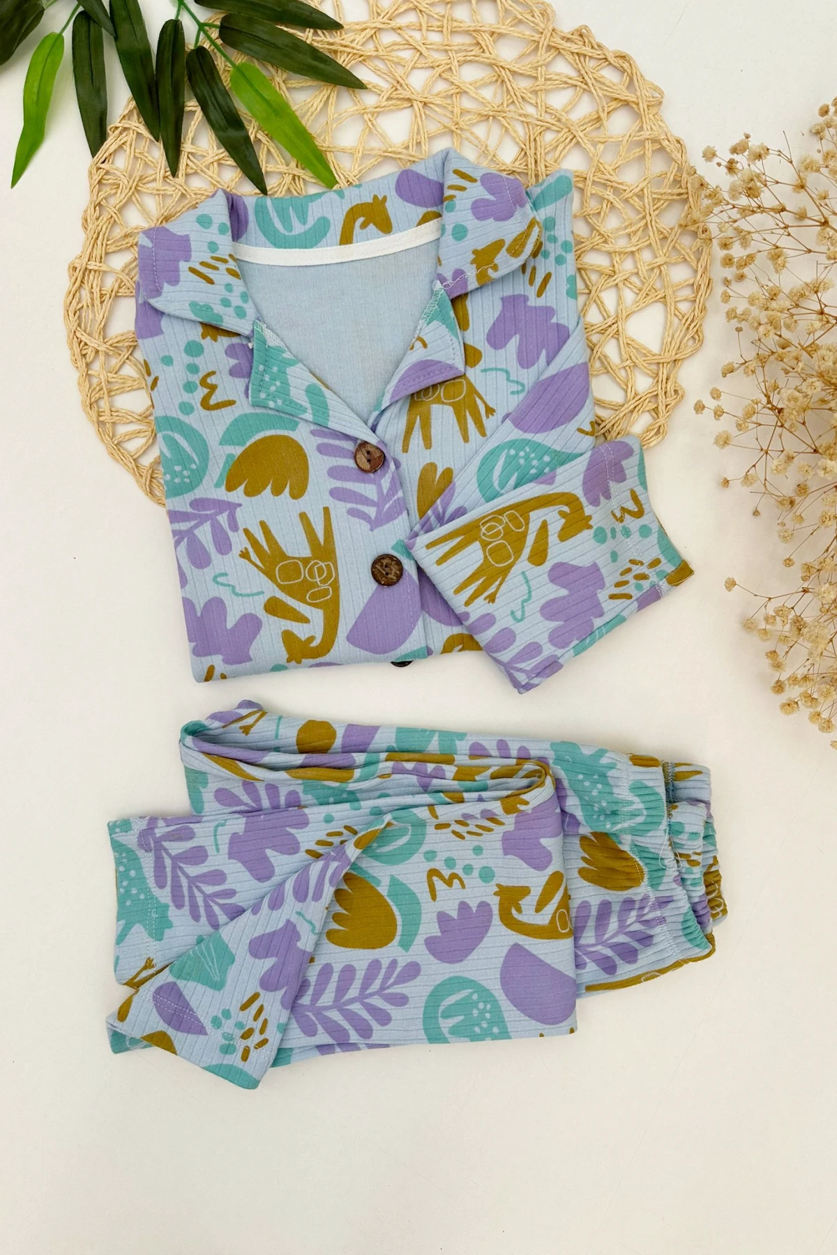 BUZ MAVİSİ LİLA ÇİÇEK DESEN KIZ ÇOCUK PİJAMA TAKIMI