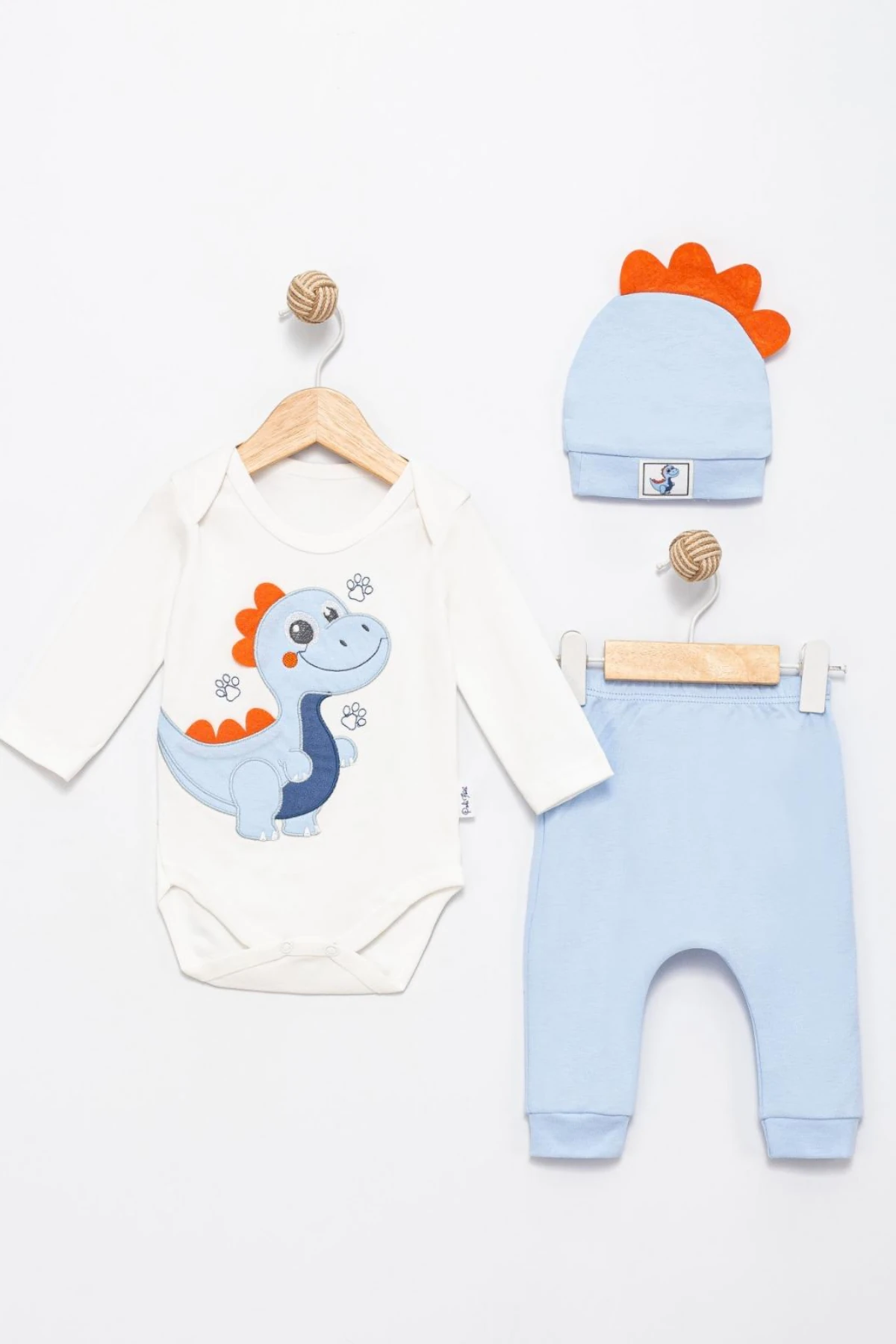 EKRU MAVİ AYICIK NAKIŞLI ERKEK BEBEK ŞAPKALI ZIBIN SET