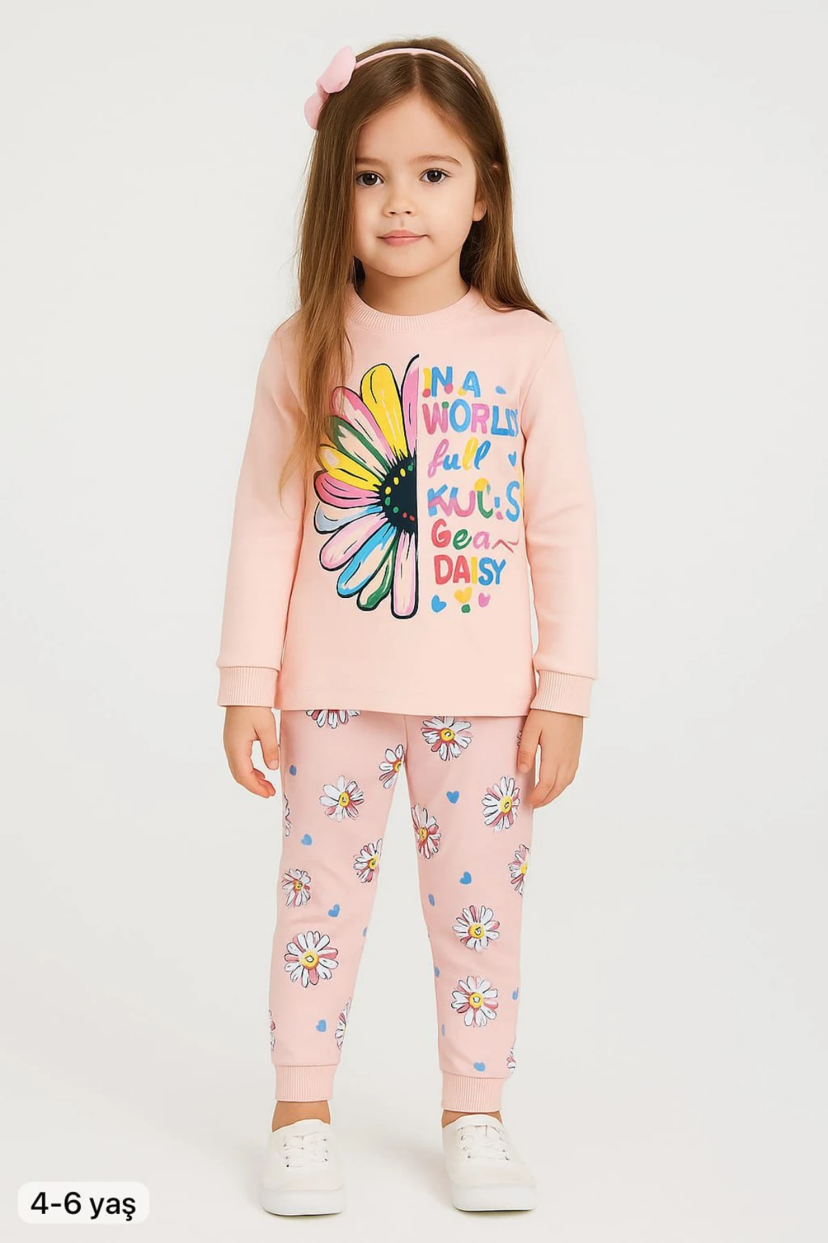 PUDRA RENK ÇİÇEK BASKILI KIZ ÇOCUK PİJAMA TAKIMI