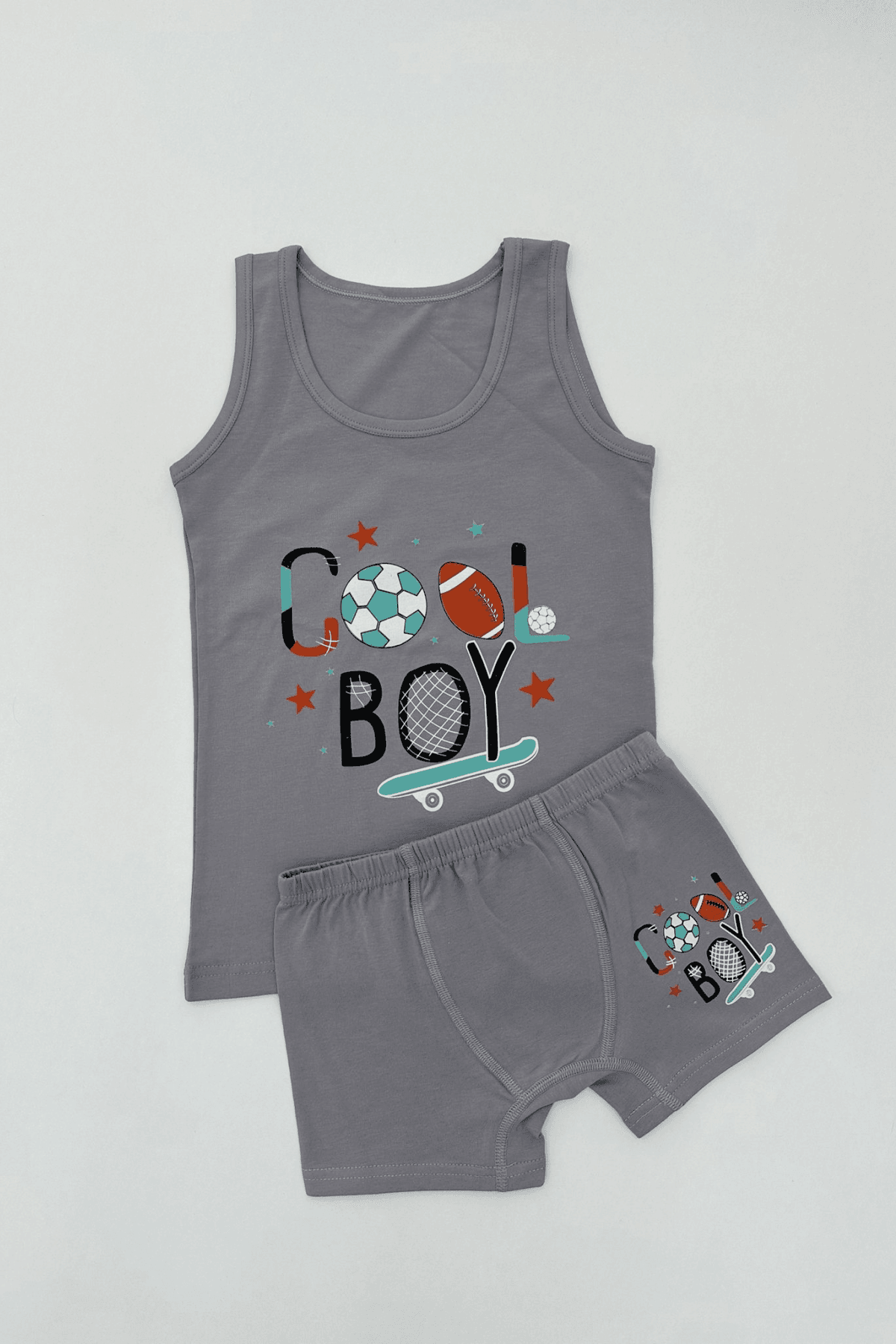 GRİ RENK TOP BASKILI ERKEK ÇOCUK ATLET BOXER TAKIM