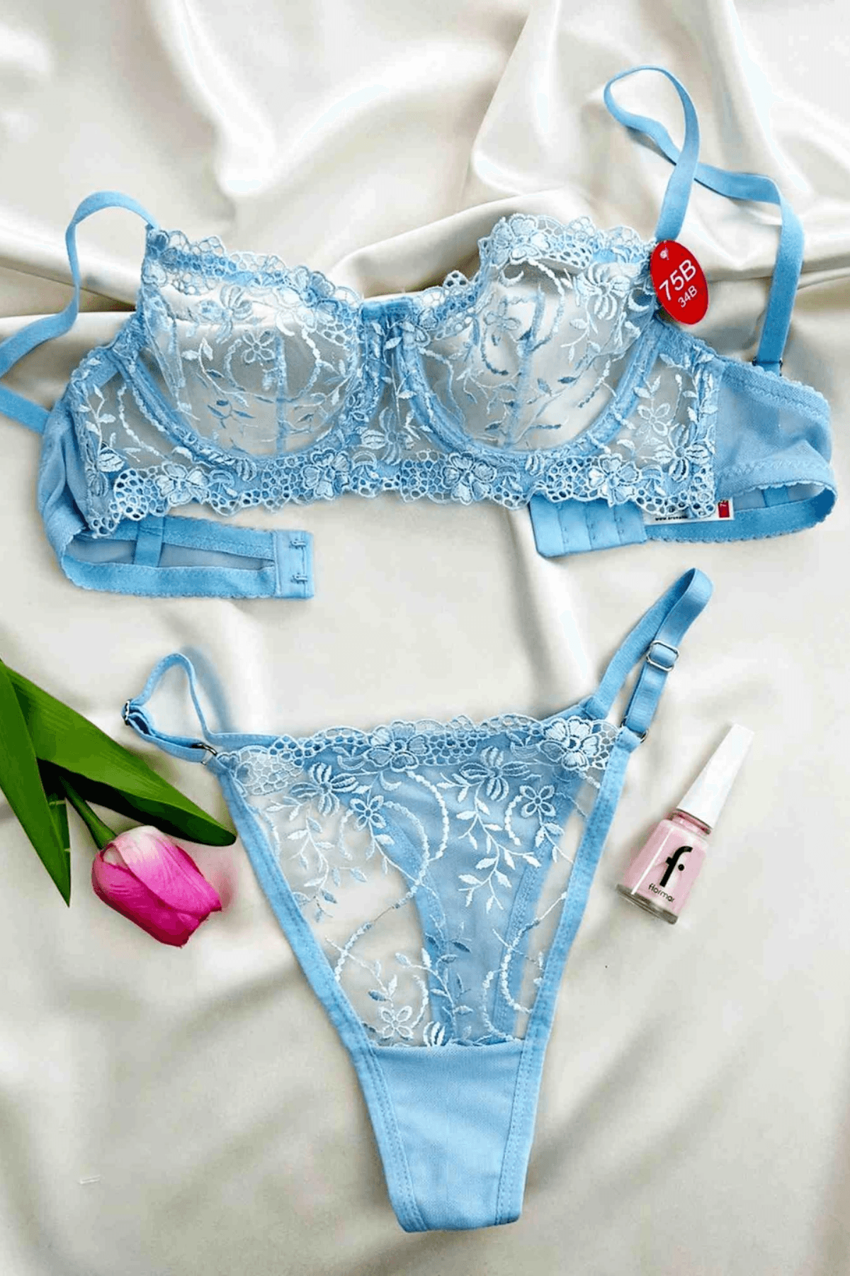 BEBE MAVİSİ ÇİÇEK NAKIŞLI BRA SET