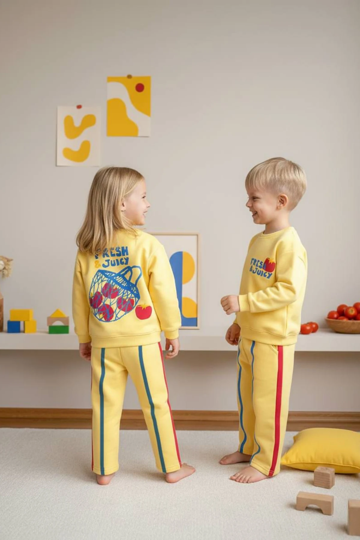 SARI RENK DOMATES BASKILI UNISEX EŞOFMAN TAKIMI