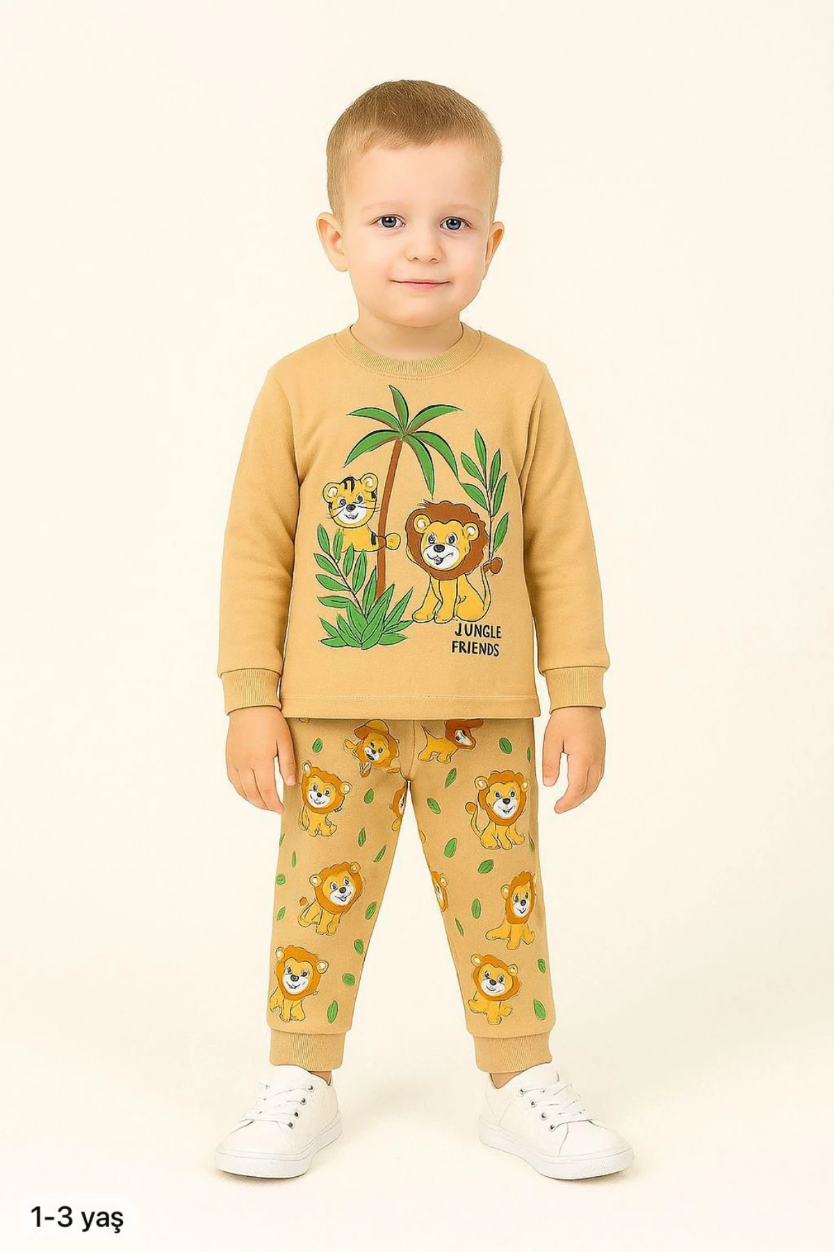 BEJ RENK ASLAN BASKILI ERKEK BEBEK PİJAMA TAKIMI