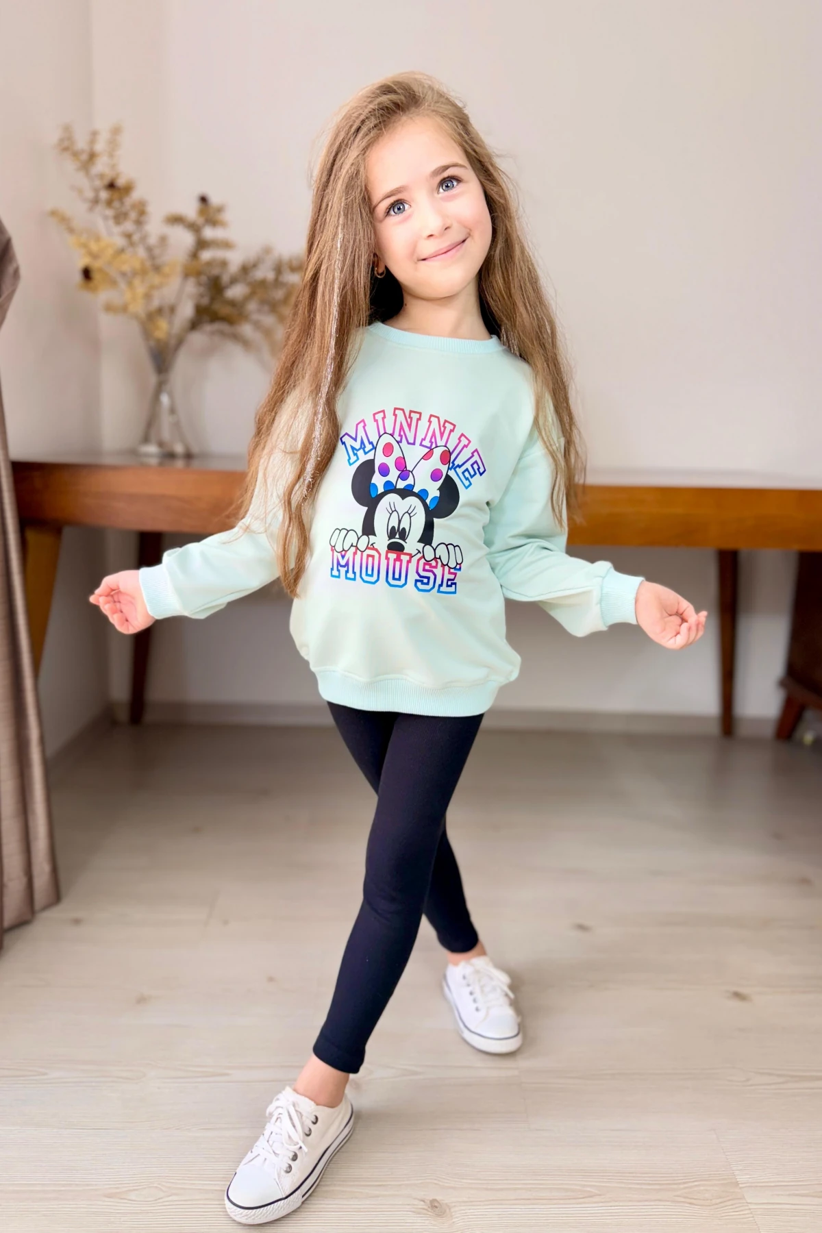 MİNT RENK MİNNİE MOUSE BASKILI KIZ ÇOCUK TAYTLI TAKIM