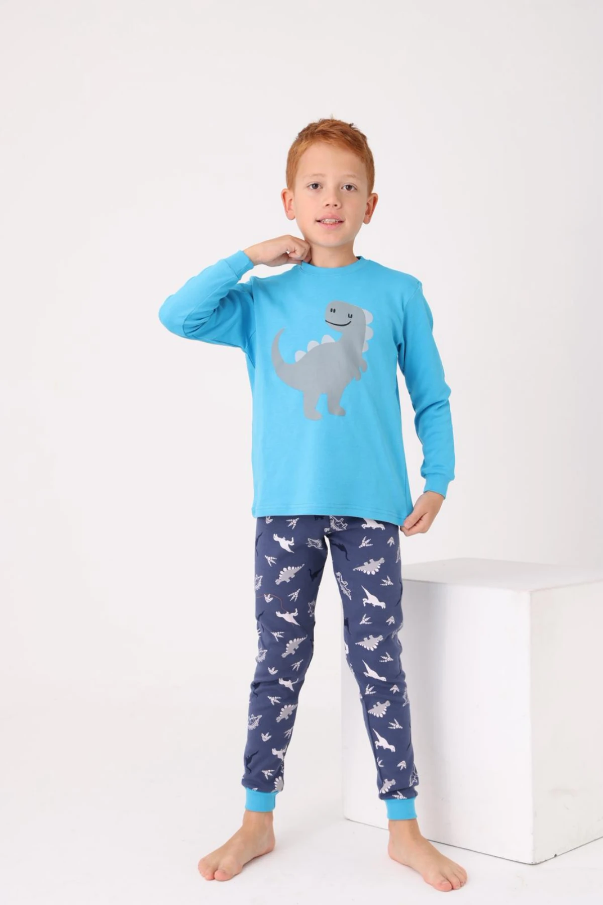 MAVİ RENK DİNAZOR BASKILI ERKEK ÇOCUK PİJAMA TAKIMI