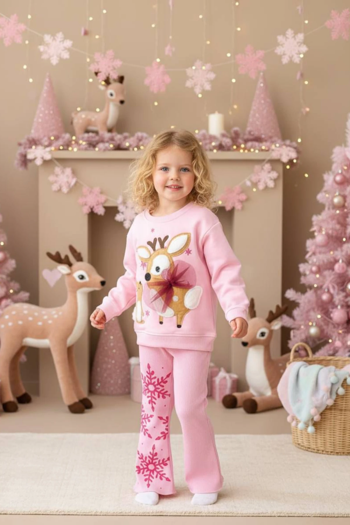 PEMBE RENK GEYİK NAKIŞLI KIZ ÇOCUK TAYTLI TAKIM