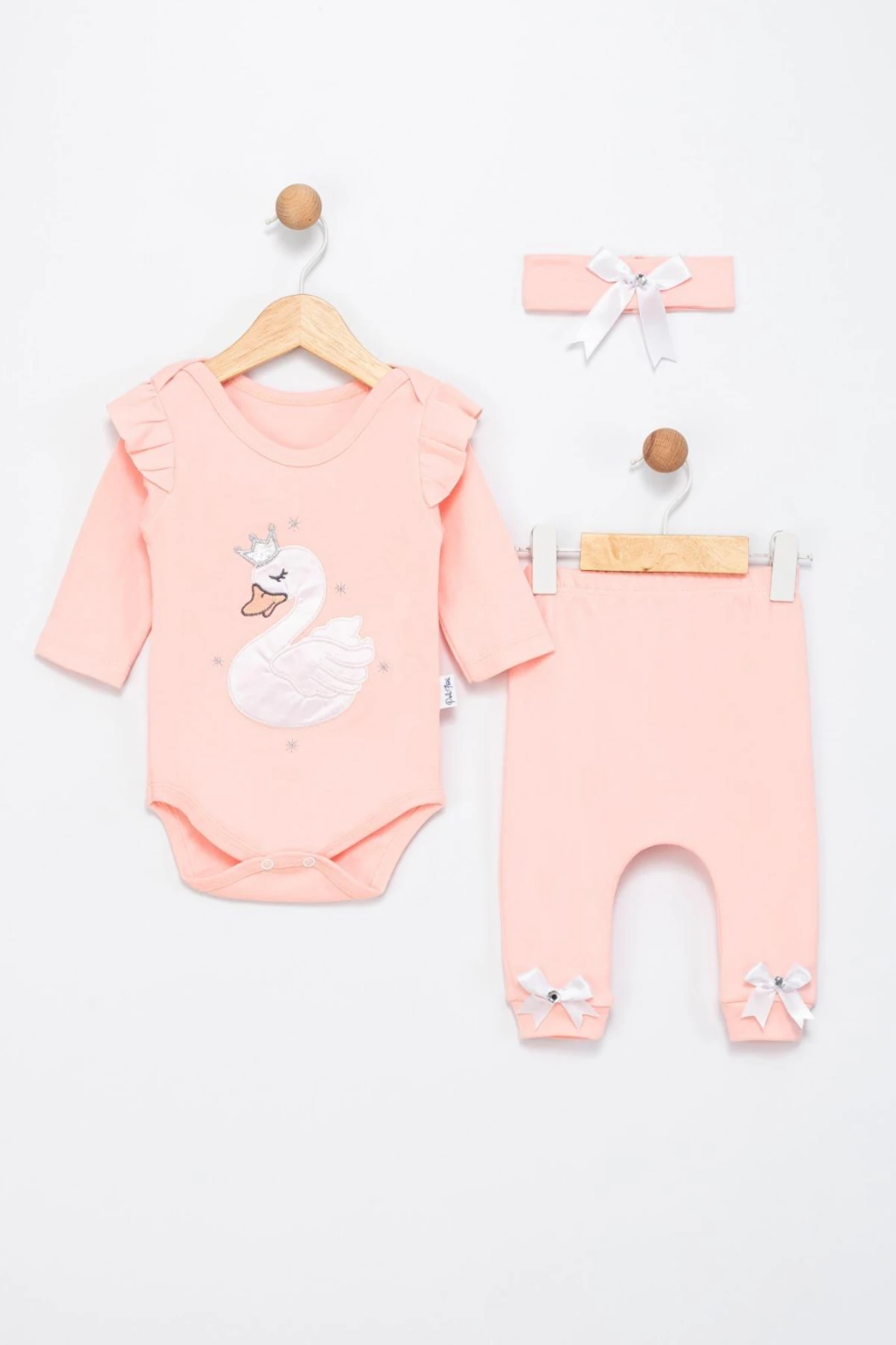 SOMON RENK KUĞU NAKIŞLI KIZ BEBEK BANDANALI ZIBIN SET