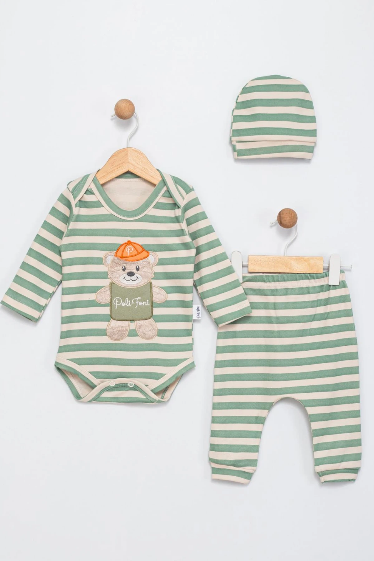 YEŞİL RENK ÇİZGİLİ AYICIK NAKIŞLI ERKEK BEBEK ŞAPKALI ZIBIN SET