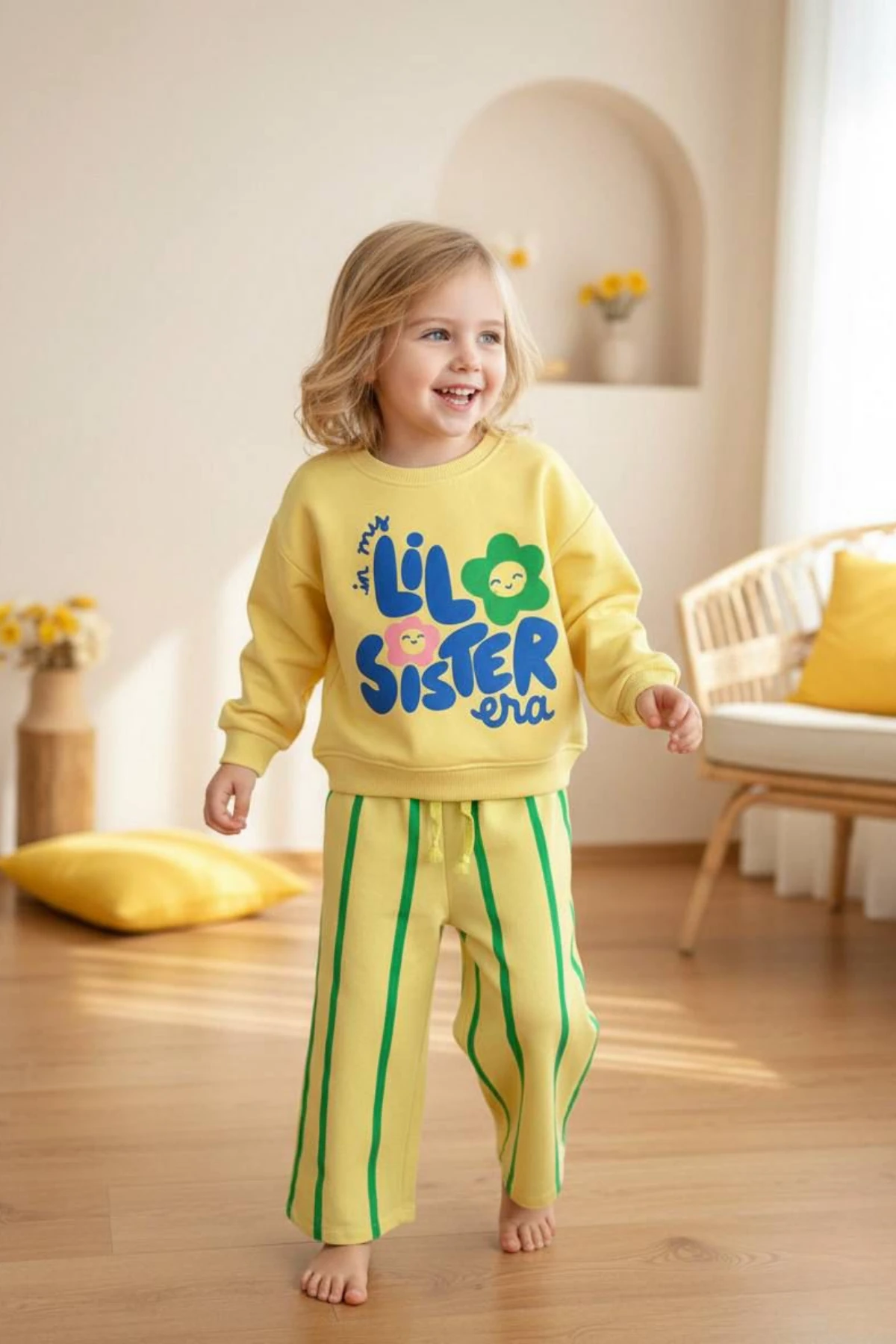 SARI RENK ÇİÇEK BASKILI KIZ ÇOCUK ALT ÜST TAKIM